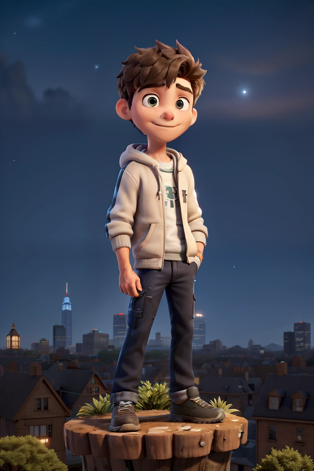 The background is a city, Perfect boy with,hoody, short hair, greene eyes, super heacap raiders, ssmile, Night Core, Stand on a tree, looking at the stars, Super detailed face,There are blemishes and a little dark circle under the eyes.