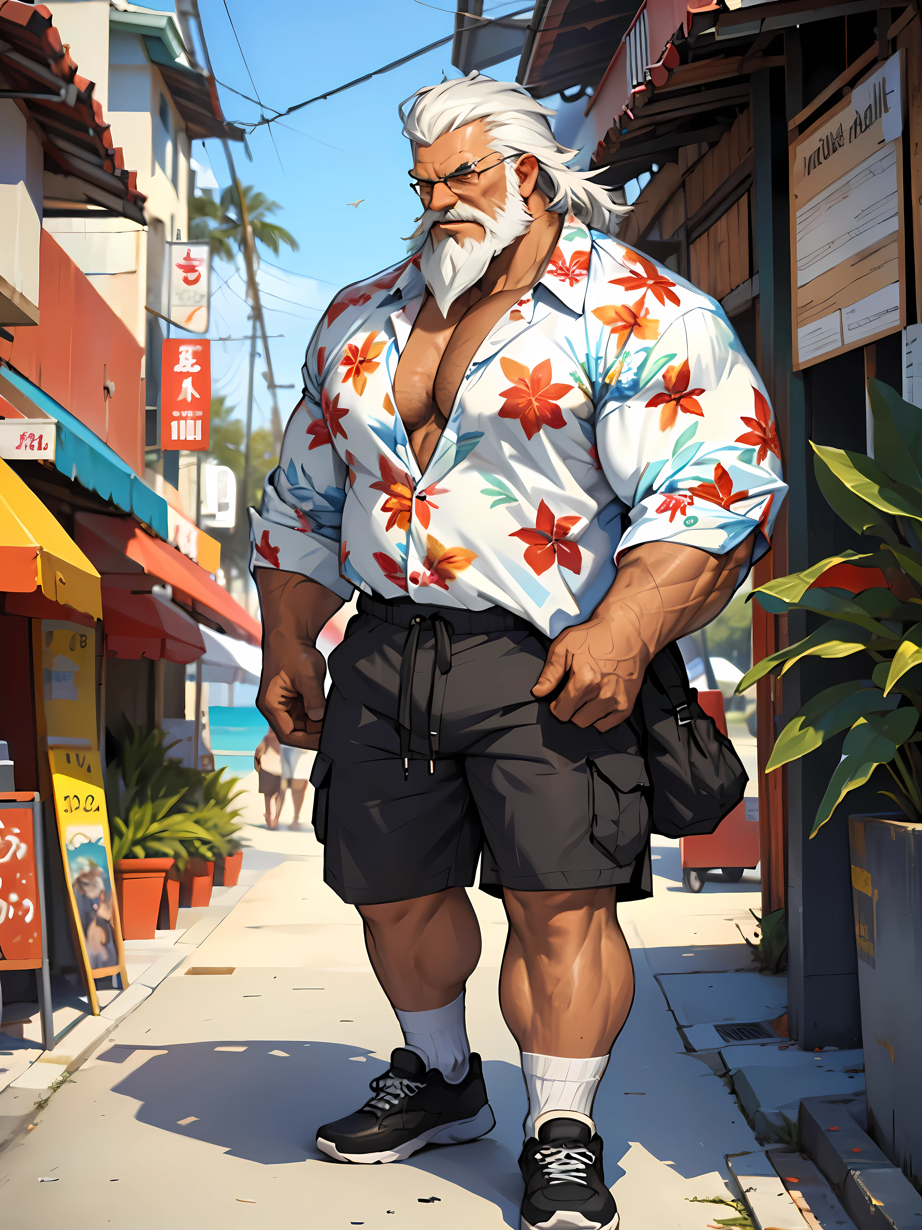 chubby old man in street city, old man, thick arm, huge arm, bearded. white hair and beard, bearded, muscular, pectoral, wide pectoral, realistic, 8k, masterpiece, (wearing shorts and white hawaiian shirt:1.3, shoes)