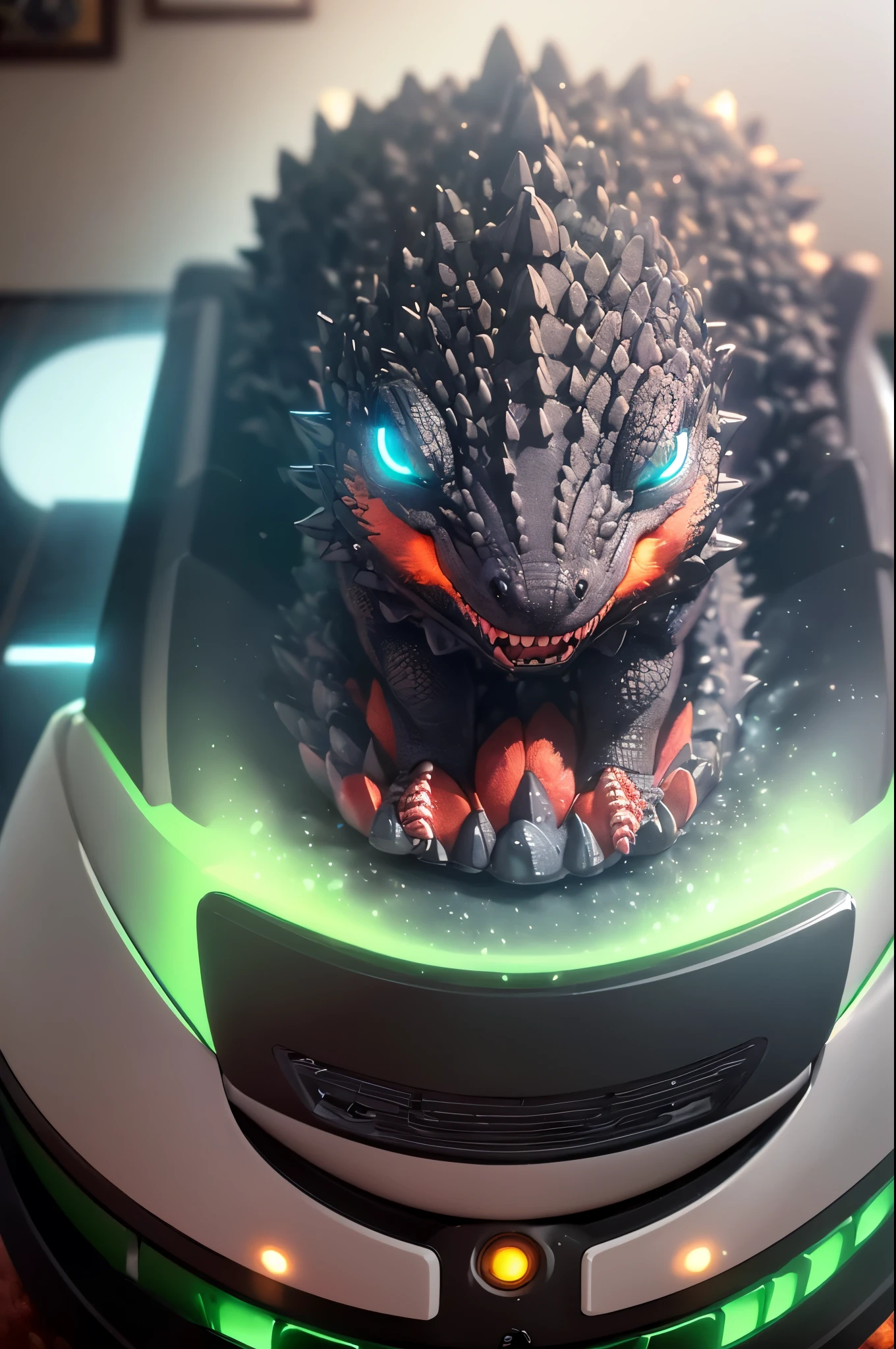 (best quality,ultra-detailed,realistic),A tiny fierce Godzilla riding on a Roomba,cleaning a living room,vivid colors,horror,sharp focus,studio lighting,physically-based rendering,ultra-fine painting,bokeh
