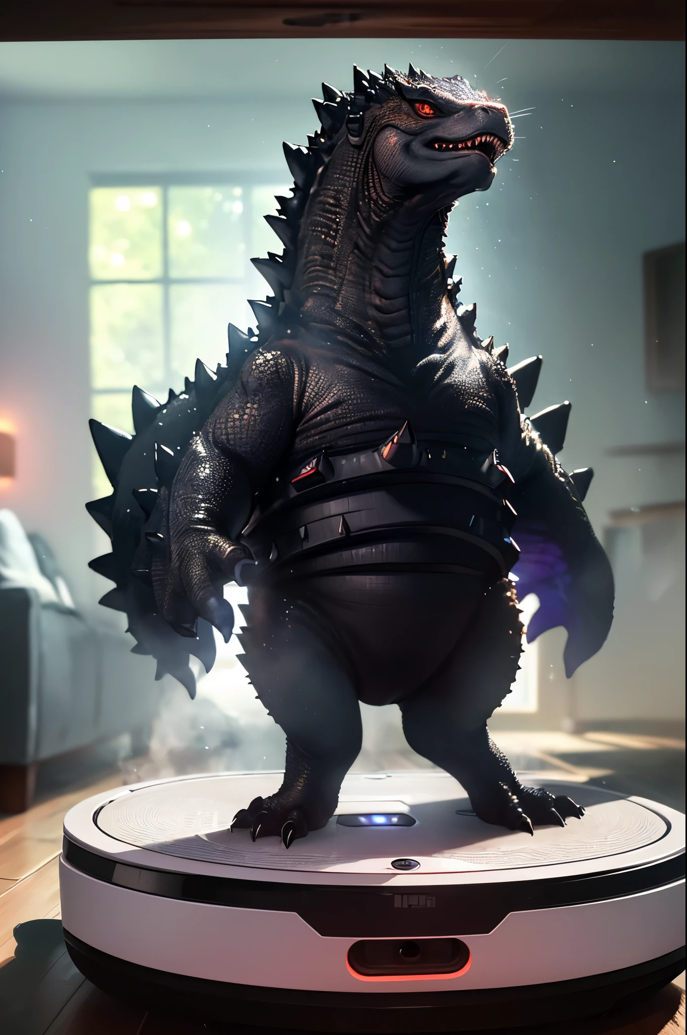 (best quality,ultra-detailed,realistic),A tiny fierce Godzilla riding on a Roomba,cleaning a living room,vivid colors,horror,sharp focus,studio lighting,physically-based rendering,ultra-fine painting,bokeh