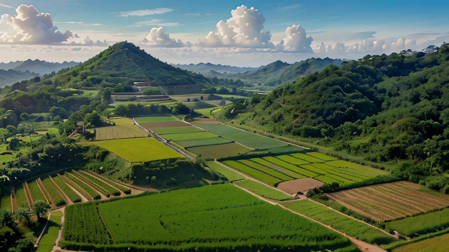 Create an image of a lush Mesoamerican landscape, depicting a collection of simple farming villages surrounded by fertile fields and dense tropical forests.
