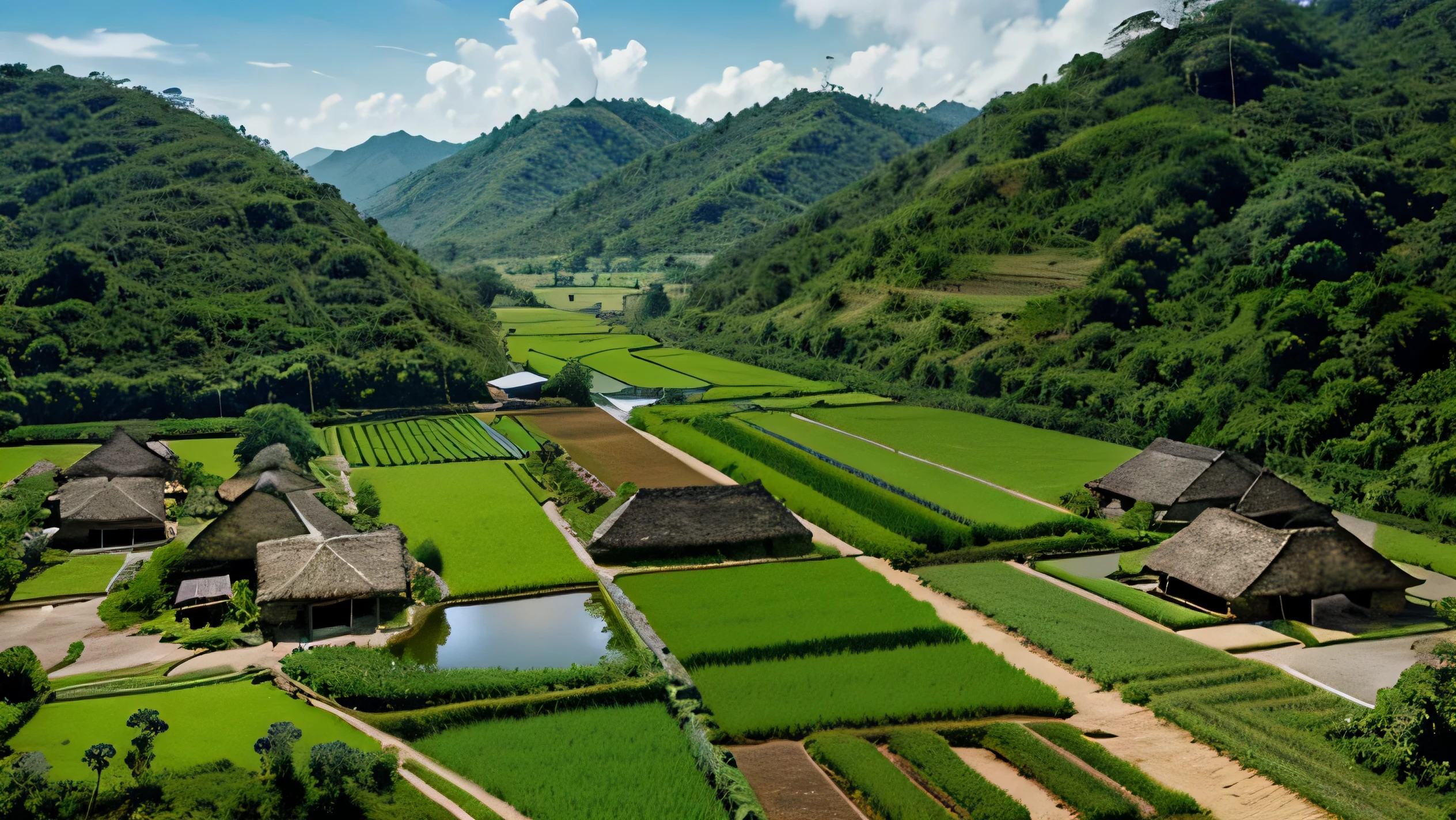 Create an image of a lush Mesoamerican landscape, depicting a collection of simple farming villages surrounded by fertile fields and dense tropical forests.