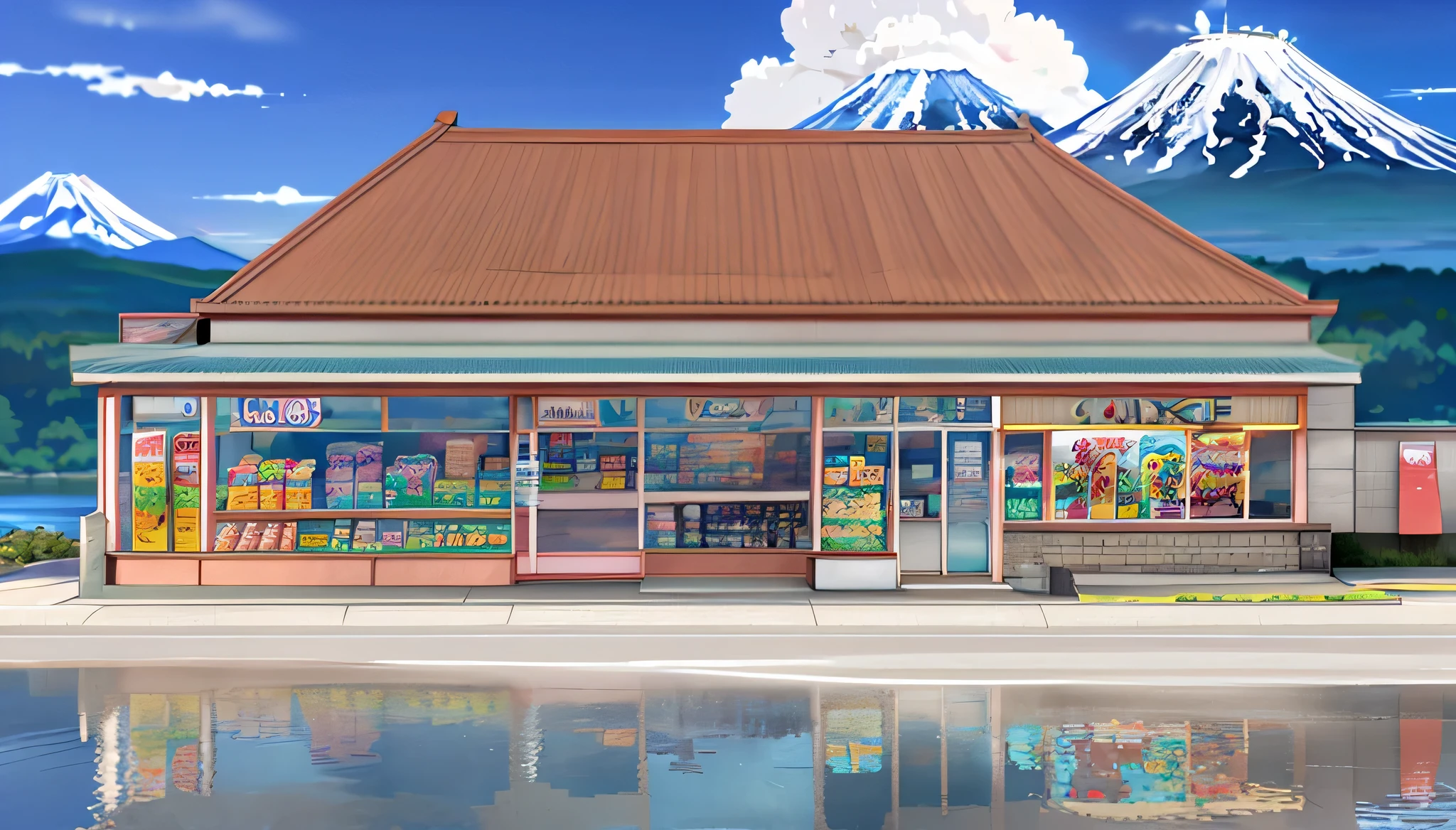 cartoon illustration of a convenience store with a lake and mount Fuji in the background, hyper detailed scene, high detailed store, anime background art, videogame still, convenience store, anime scenery concept art, background art, cel-shading style