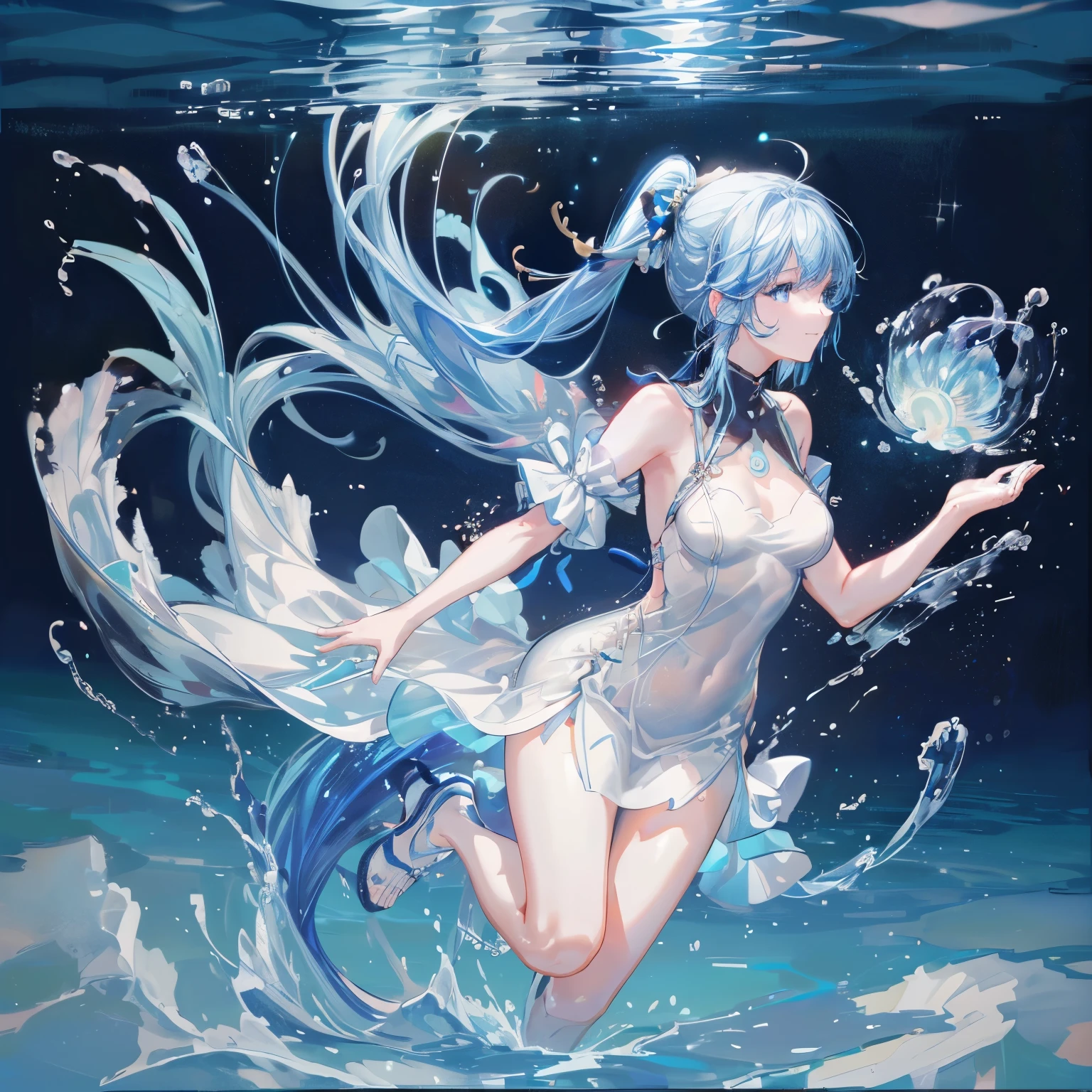 (Pianfei), (best quality), Very detailed, 1 girl, perfect face, (Personal full body photo:1.3), Very detailed顔，(Blue double ponytail hair:1.5)，(blue eyes:1.4)，(In the water:1.4)，(white dress:1.5)，ocean，Small schools of fish，Light，bubble，jellyfish，ocean藻，red fish，yellow fish，深ocean，fantasy，ocean底，float，(ocean底都市:1.4)，Smile:1.3