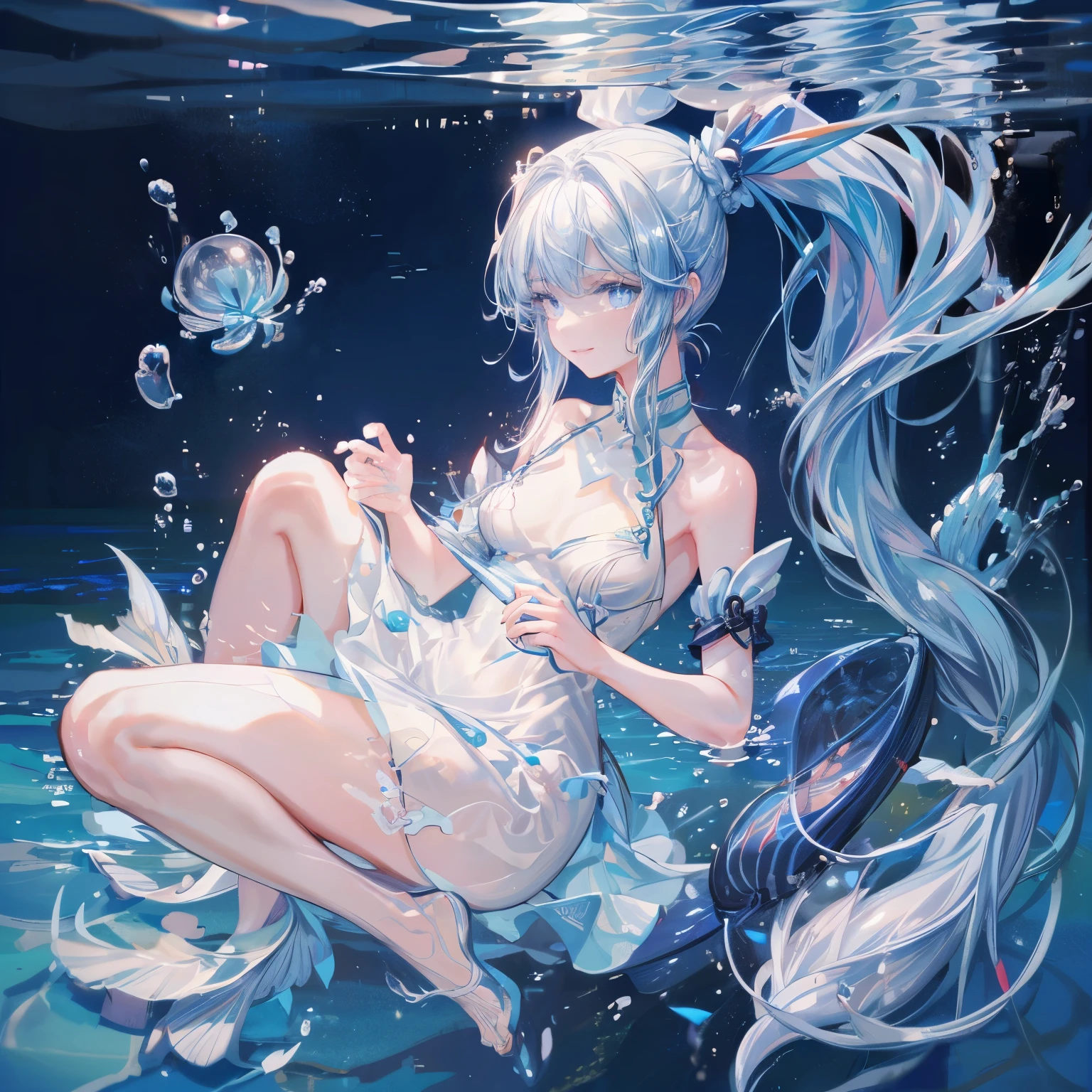 (Pianfei), (best quality), Very detailed, 1 girl, perfect face, (Personal full body photo:1.3), Very detailed顔，(Blue double ponytail hair:1.5)，(blue eyes:1.4)，(In the water:1.4)，(white dress:1.5)，ocean，Small schools of fish，Light，bubble，jellyfish，ocean藻，red fish，yellow fish，深ocean，fantasy，ocean底，float，(ocean底都市:1.4)，Smile:1.3