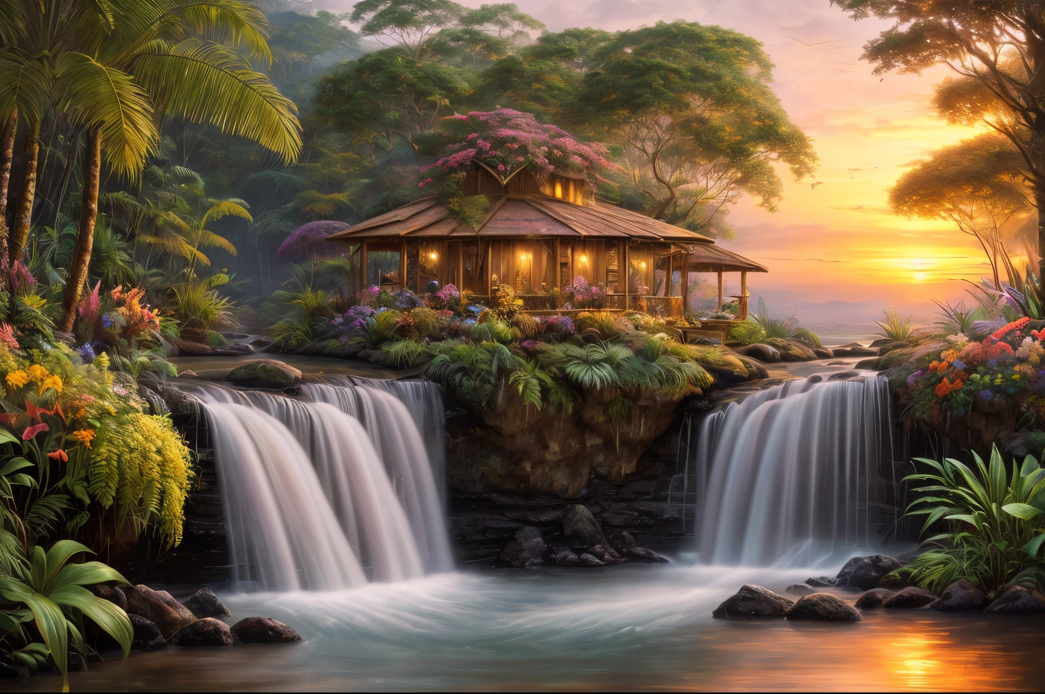 , rainforest, water,Sunset,flowers,(highly detailed CG unit 8k wallpaper), The most bwatertiful work of art in the world, Professional atmospheric oil painting, complicated, high detail, sharp focus, Dramatic, photorealism art,