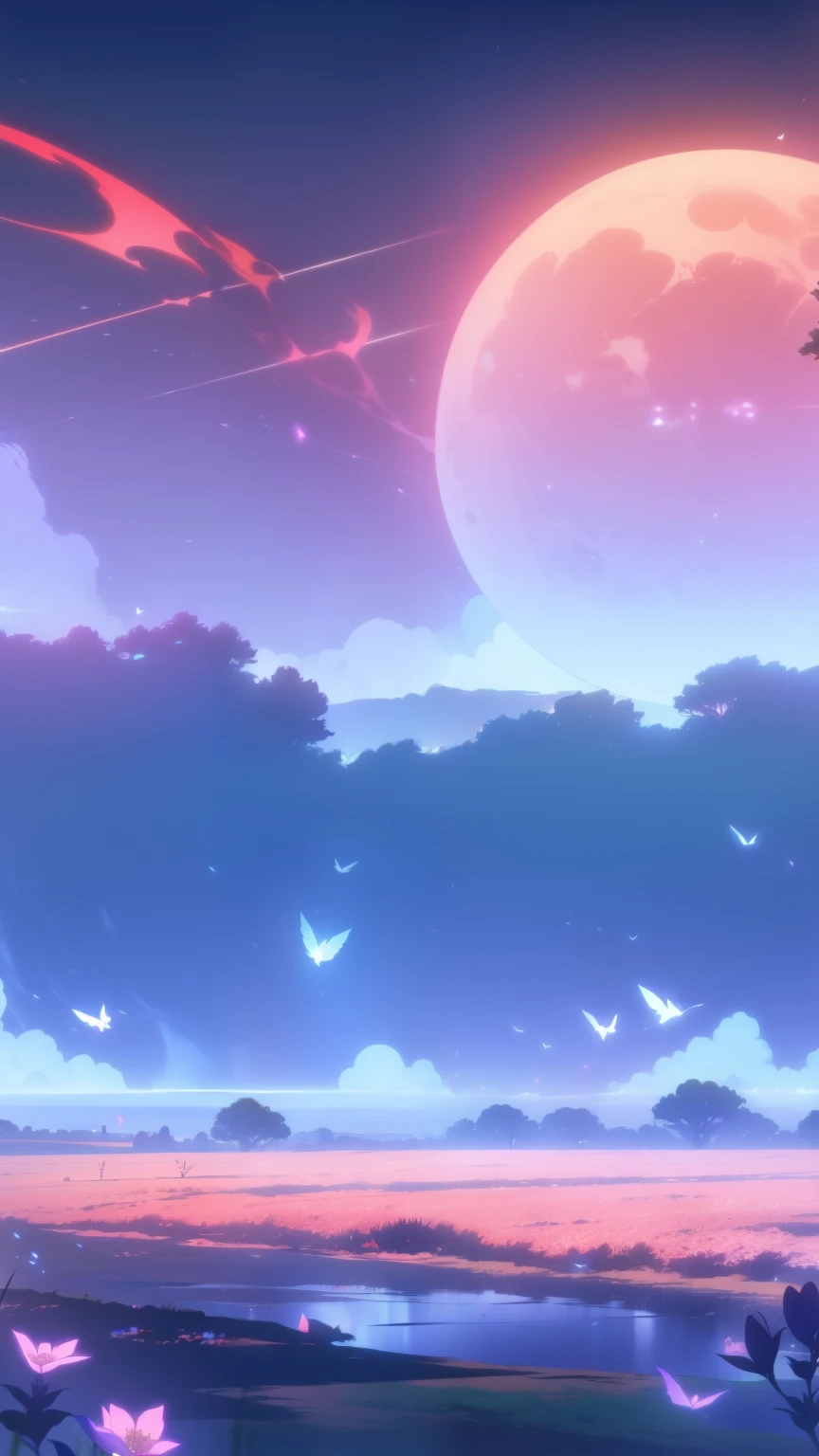 landscape, masterpiece,gorgeous, horizont,magic, flowers, artistic, red, dust, moon,moon, best quality, colorful, reflections, fog, cosmic,fireflys, deatiled,intricate, nature, ((no_humans)), star dust, flowers. particles