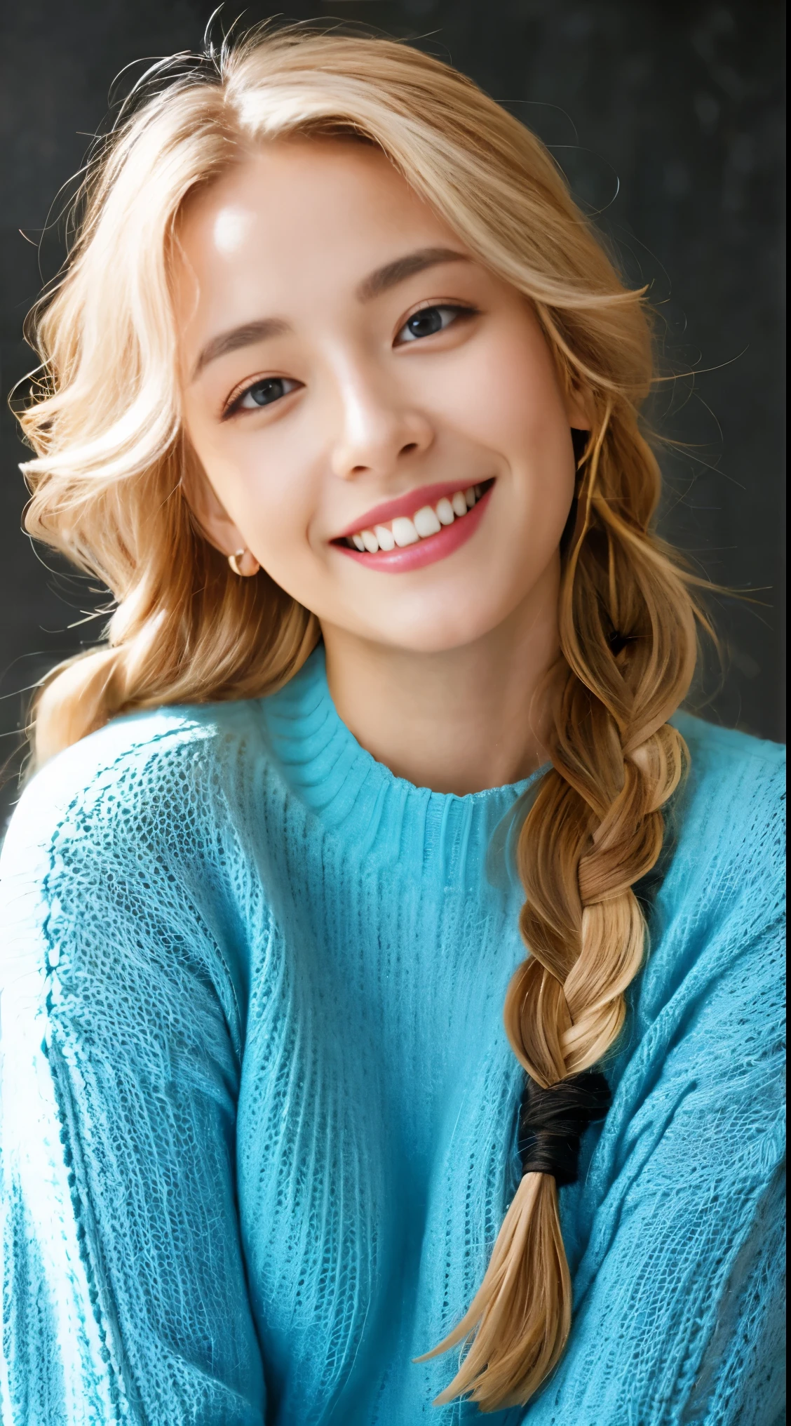 (Helena of Lovi)美しい女性の見事なpicture, 30 years old, perfectly fitted body, big black eye, long messy blonde hair, (Beautiful blonde with dark eyes wearing a light blue sweater), very detailed, 24-years-old, innocent face, natural wavy hair, black eye, High resolutionであり, table top, 最high quality, intricate details, very detailed, sharp focus, fine skin, realistic, texture, fine eyes, Professional, 4k, へにょへにょしたlaughter, perfectly fitted body, very detailed, picture_\(ultras\), photorealistic, realistic, Post-processing, maximum details, roughness, real life, ultras realistic, photorealism, picture化, 8k UHD, picture化 ,hair ribbon, Agnes Cecil, Portrait, very bright bright design, pastel colour, (pitch black:1.3), autumn lights, perfect eyes, perfect iris,perfect lips,perfect teeth、masterpiece, 最high quality, high quality, High resolution、Portrait、laughter、(blonde braid curly hair)