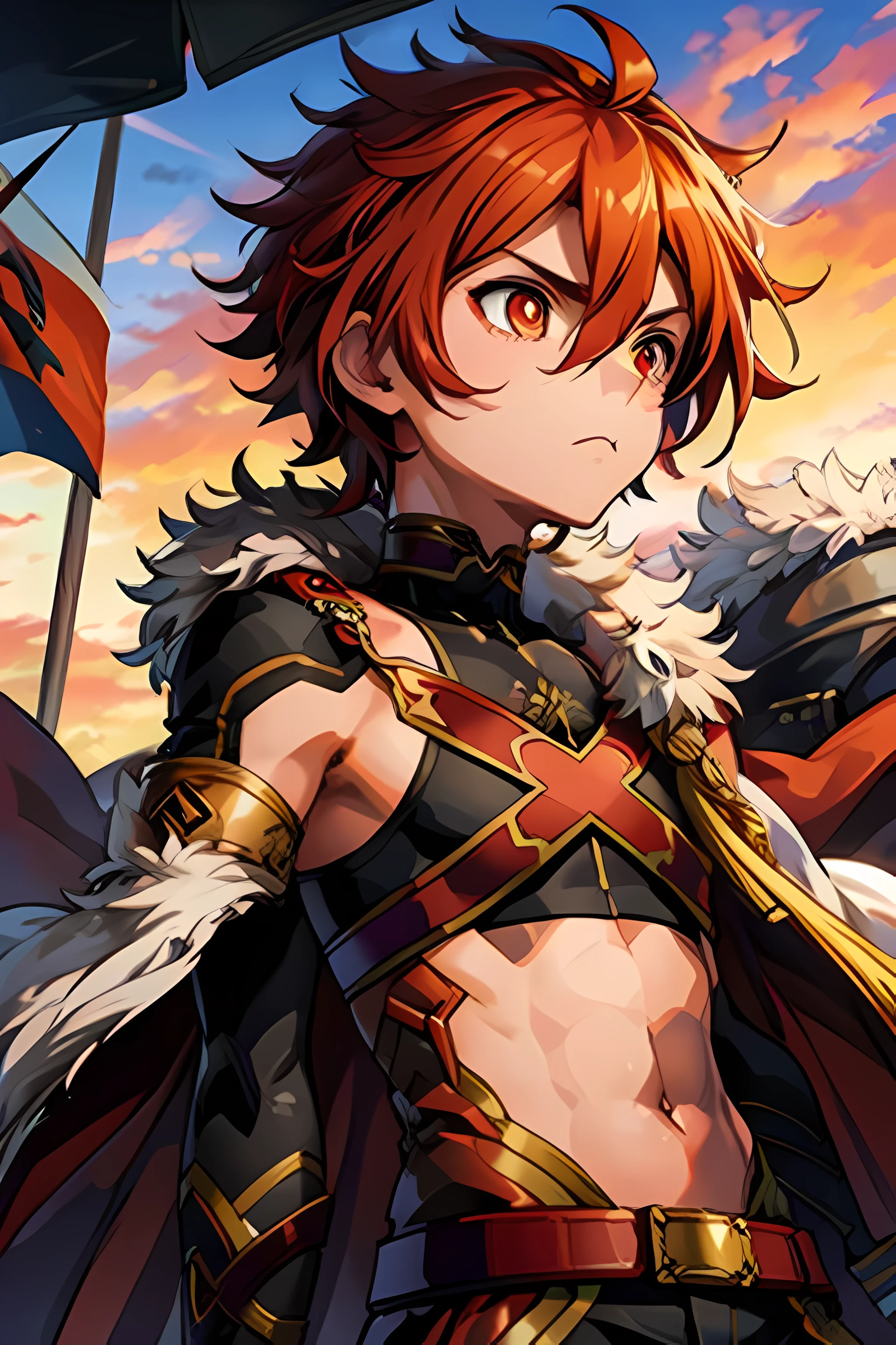 Alexander Fugo, 1 boy, fur-trimmed cape, crop top, perfect face, cute face, crazy, look away, battlefield, struggle, Red sky, fire, black smoke, primary school student,