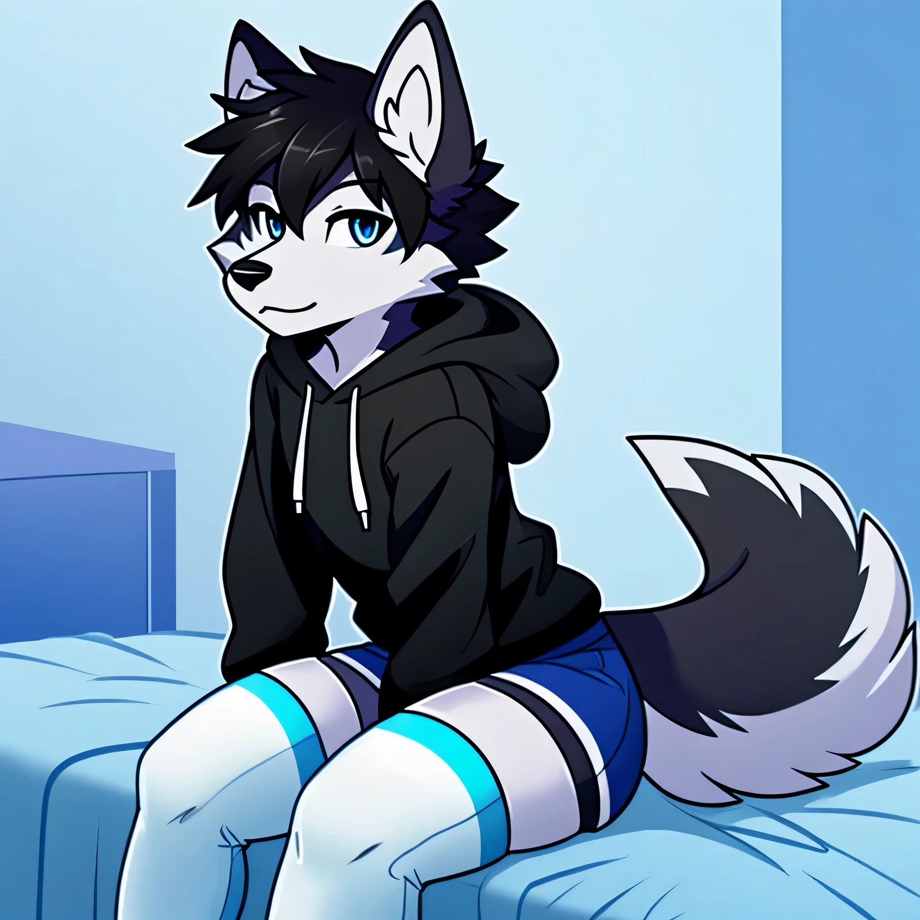 character、one person、furry、boy、man、White and black fur 、light blue crop hoodie、pink thigh highs、Blue eyes、husky、husky's tail、illustratio、blue shorts、fluffy hair、facing forward、sitting on bed, facing viewer, black hair,