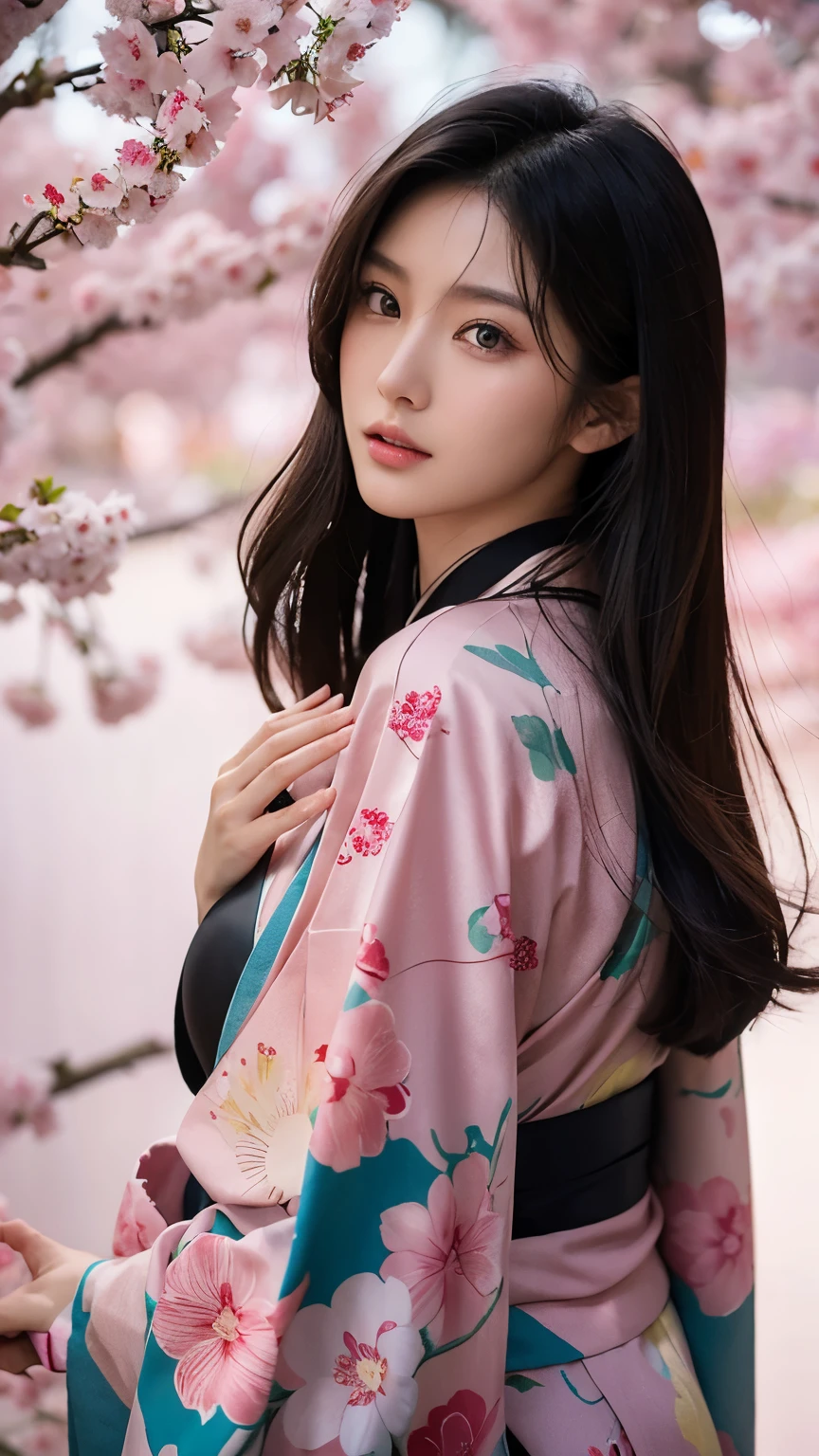 Beautiful Japanese supermodel woman, A lock of hair with slight highlights, black eyes, mixed media, Sexy,Sakura background,Gorgeous kimono , Liquid color flows across her face, Backlight