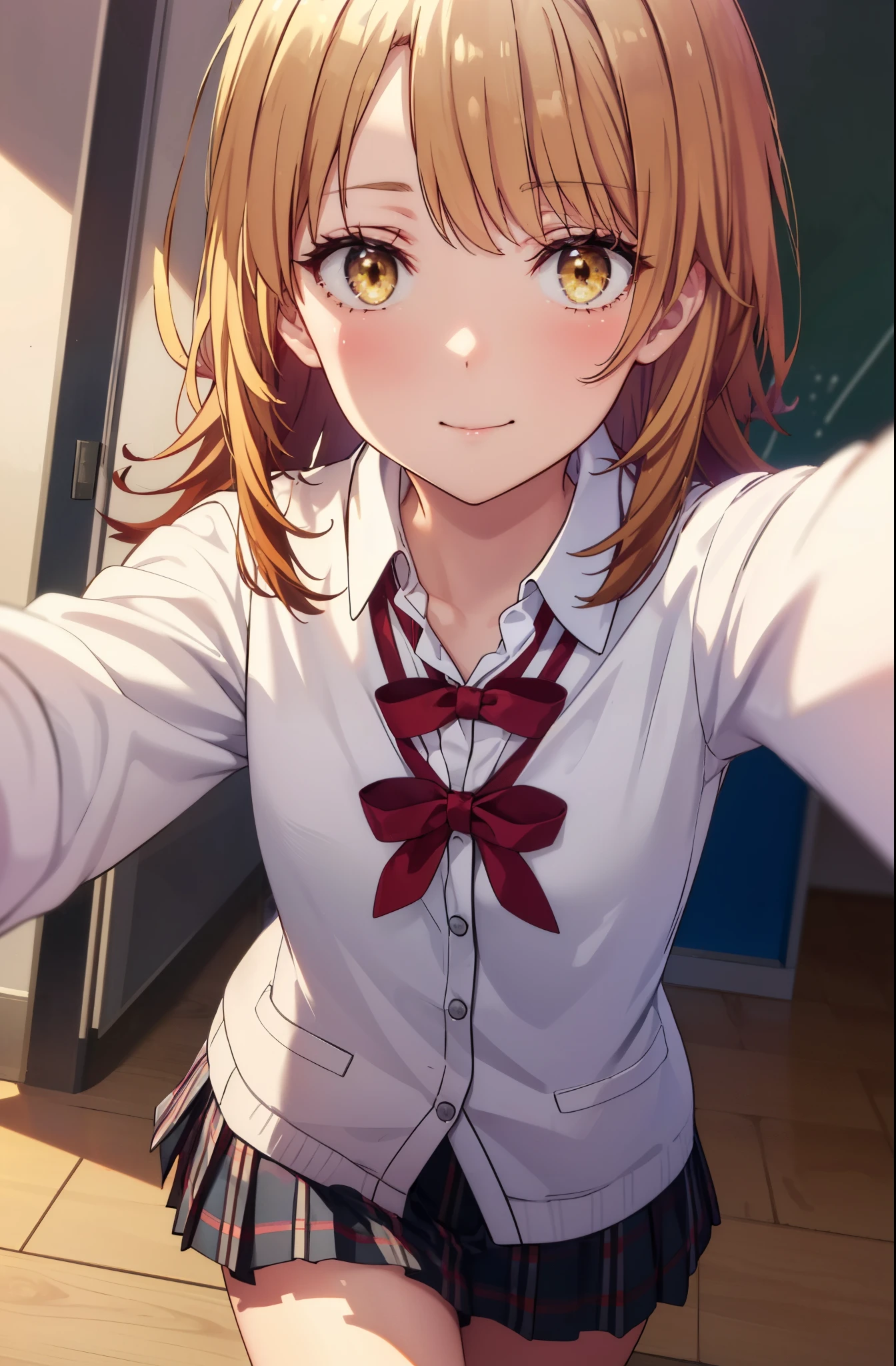 irohaisshiki, iroha isshiki, long hair, brown hair, (brown eyes:1.5), medium chest,smile,blush,taking a selfie,左手でyshirtを少し広げて胸の谷間を見せている,open your mouth,
break skirt, shirt, school uniform, Jacket, white shirt, open clothes, socks, open Jacket, black Jacket, plaid, knee high, plaid skirt, blazer, black socks,soubu high school uniform,
break indoors, classroom,
break looking at viewer,
break (masterpiece:1.2), highest quality, High resolution, unity 8k wallpaper, (figure:0.8), (detailed and beautiful eyes:1.6), highly detailed face, perfect lighting, Very detailed CG, (perfect hands, perfect anatomy),