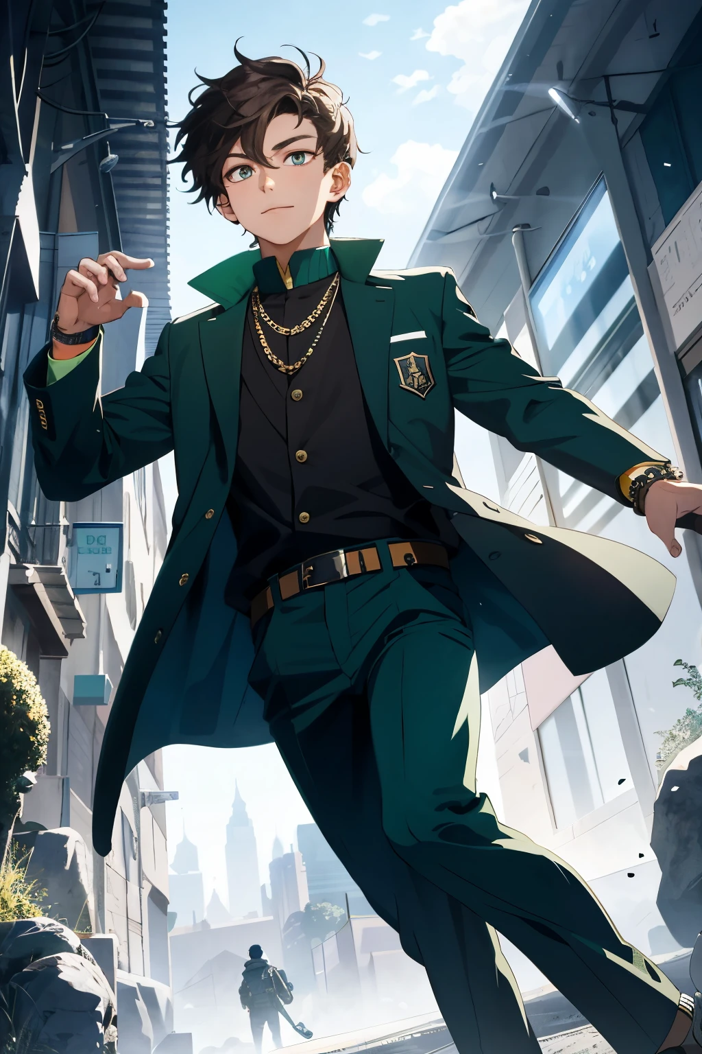 A boy with brown, waived hair wears a green long sleeve jacket bearing the number "10" on its back. His bottom half is clad in blue pants that elegantly cover his white shoes, which shine brightly with a green energy. On his wrist, he dons a sleek, two-triangle shaped black watch. The exquisite details of the jacket's stitches, the boy's facial features, and the lustrous shine of the watch add to the overall masterpiece of this image. This high-quality CG artwork showcases a dramatic contrast of colors and finely-tuned details, creating a stunning, ultra-realistic 8kCG image.