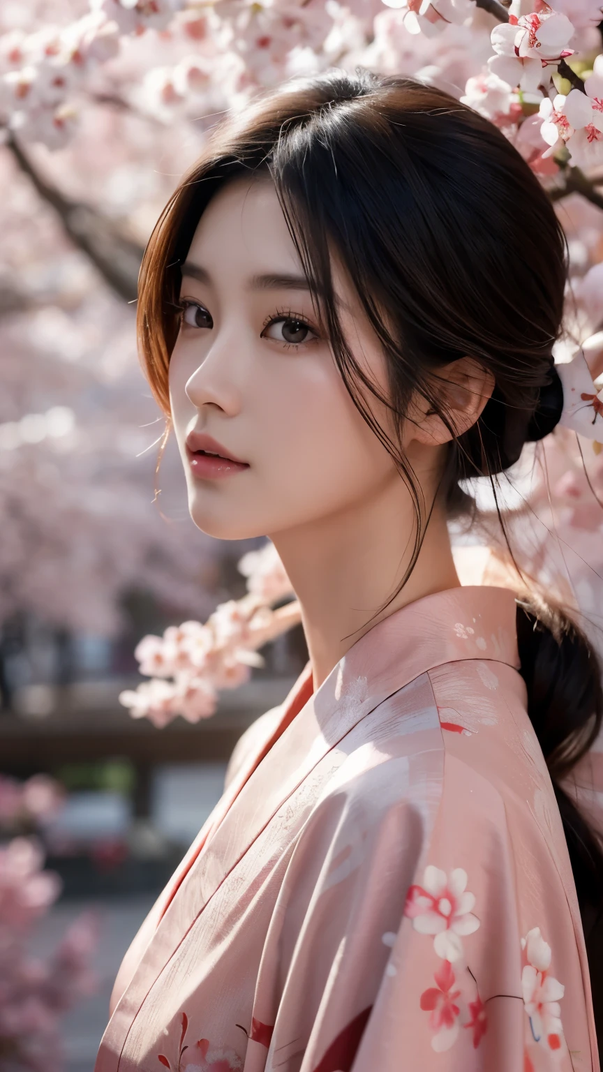 Beautiful Japanese supermodel woman, A lock of hair with slight highlights, black eyes, mixed media, Sexy,Sakura background,Gorgeous kimono , Liquid color flows across her face, Backlight