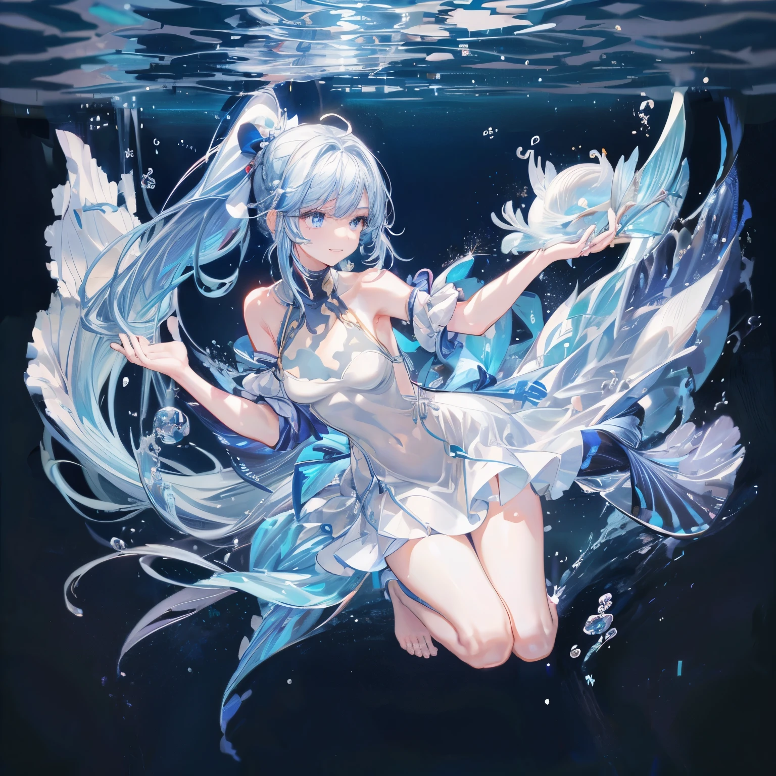 (Pianfei), (best quality), Very detailed, 1 girl, perfect face, (Personal full body photo:1.3), Very detailed顔，(Blue double ponytail hair:1.5)，(blue eyes:1.4)，(In the water:1.4)，(white dress:1.5)，ocean，Small schools of fish，Light，bubble，jellyfish，ocean藻，red fish，yellow fish，深ocean，fantasy，ocean底，float，(ocean底都市:1.4)，Smile:1.3