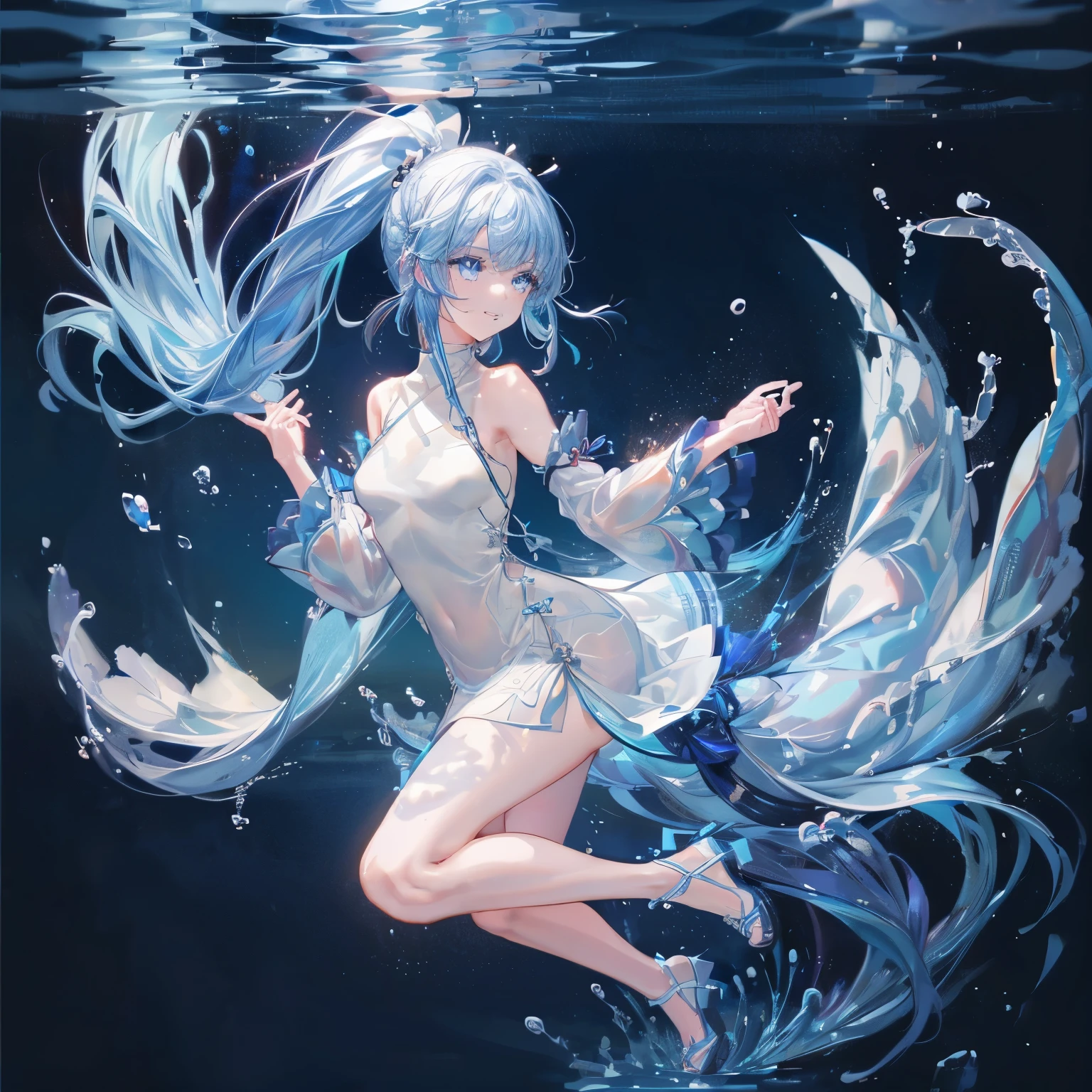 (Pianfei), (best quality), Very detailed, 1 girl, perfect face, (Personal full body photo:1.3), Very detailed顔，(Blue double ponytail hair:1.5)，(blue eyes:1.4)，(In the water:1.4)，(white dress:1.5)，ocean，Small schools of fish，Light，bubble，jellyfish，ocean藻，red fish，yellow fish，深ocean，fantasy，ocean底，float，(ocean底都市:1.4)，Smile:1.3