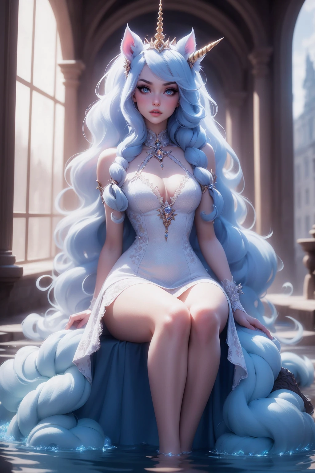 {-erro_de_anatomia:1.0} There is a white unicorn girl, blue mane and long mane, white unicorn, unicorn, unicorn horns, A unicorn, celestia, Nine stories, blue unicorn, soft dreamy, cinematic light《fangs》Unicorn in, mythological creatures, a mythical creature, Pokémon illustration, unicorns, a glaceon princess, white dress, opal eyes. Auroracore, ghostly iridescent, image good for rendering, sitting on the water, unicorn girl, full body.