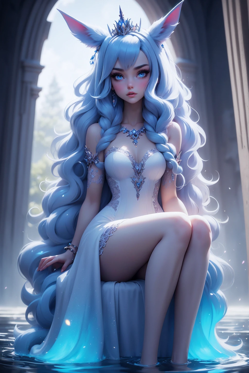 {-erro_de_anatomia:1.0} There is a white unicorn girl, blue mane and long mane, white unicorn, unicorn, unicorn horns, A unicorn, celestia, Nine stories, blue unicorn, soft dreamy, cinematic light《fangs》Unicorn in, mythological creatures, a mythical creature, Pokémon illustration, unicorns, a glaceon princess, white dress, opal eyes. Auroracore, ghostly iridescent, image good for rendering, sitting on the water, unicorn girl, full body.
