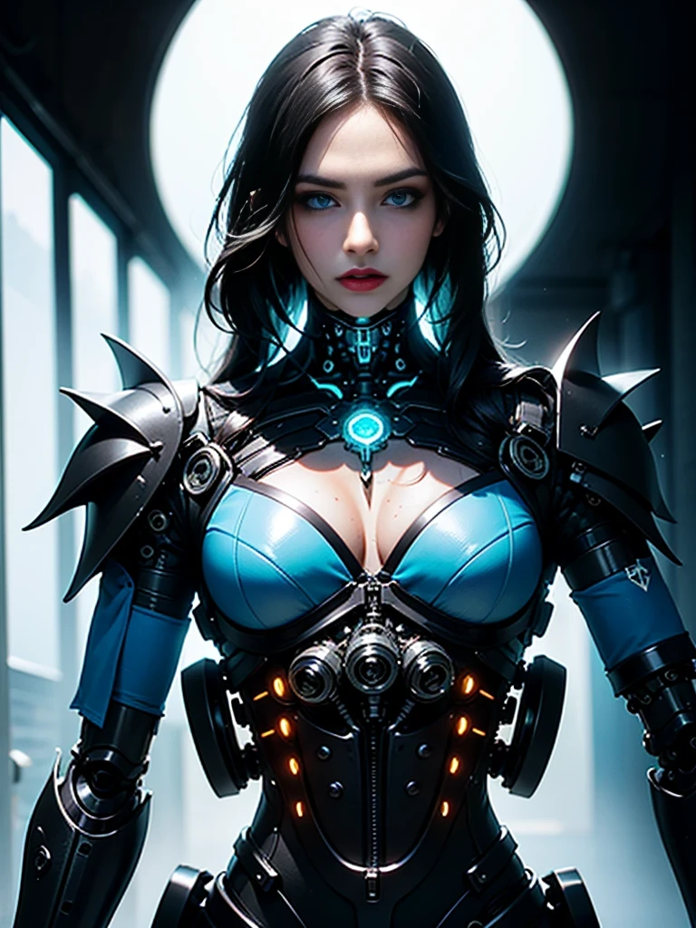 ((best quality: 1.5)) ((masterpiece: 0.8)), intricate details, sharp focus, professional, photorealistic, real life, realistic representation of the face, ((((solo, 1girl) athletic assassin, (suntan, intense expression, metallic lipstick, (mechanical arm, cyborg, ([flat chest:medium breasts:0.8]), cleavage))))) bright glow, dynamic pose, ugly face, in the style of realistic and hyper detailed renderings, dark room, dark background, black background, solo, BREAK; BREAK (((long black straight hair, ((blackout gothic eyeshadow, "iceblue eyes"))))), (freckles: 0.9), ((((body tattoo: 0.7))), abdominal muscles), ((fujicolor)), BREAK; BREAK helmet, ((((futuristic steampunk (matte black armor:1.6, cleric, holy symbol, chrome rivets, lethal, flexing, glow)), photorealistic, hyper-realistic)))