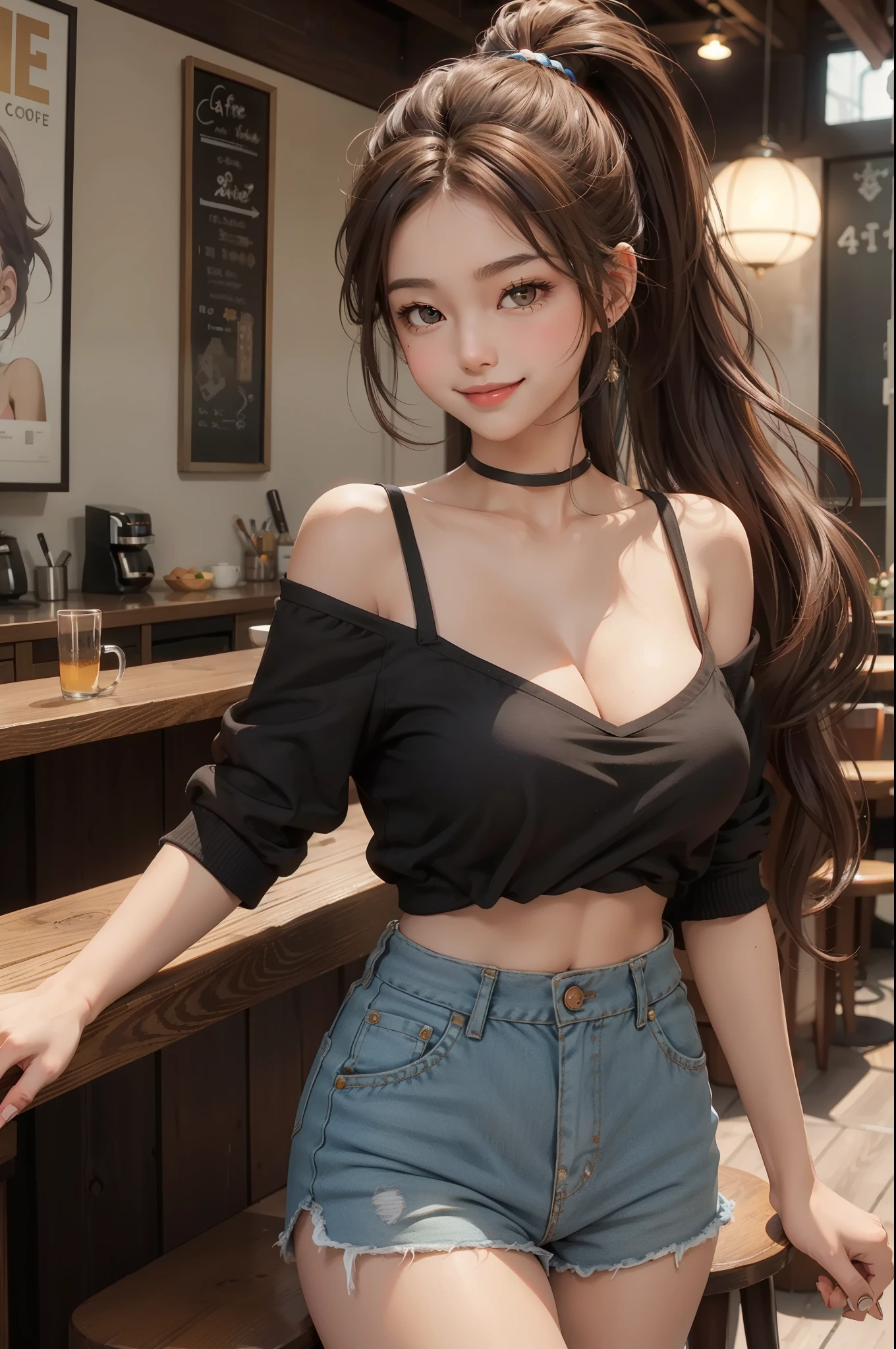 (best quality, actual), brown hair girl,fair skin and seductive brown eyes, wearing shorts、Adopt a curvaceous posture, in cafe, smiling, High ponytail and big breasts.