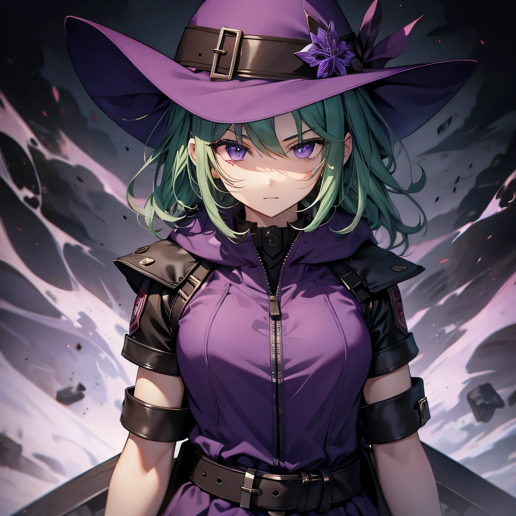 best image quality、highest quality、beautiful eyes、4k、expression of murderous intent、expression of hatred、purple eyes、green hair