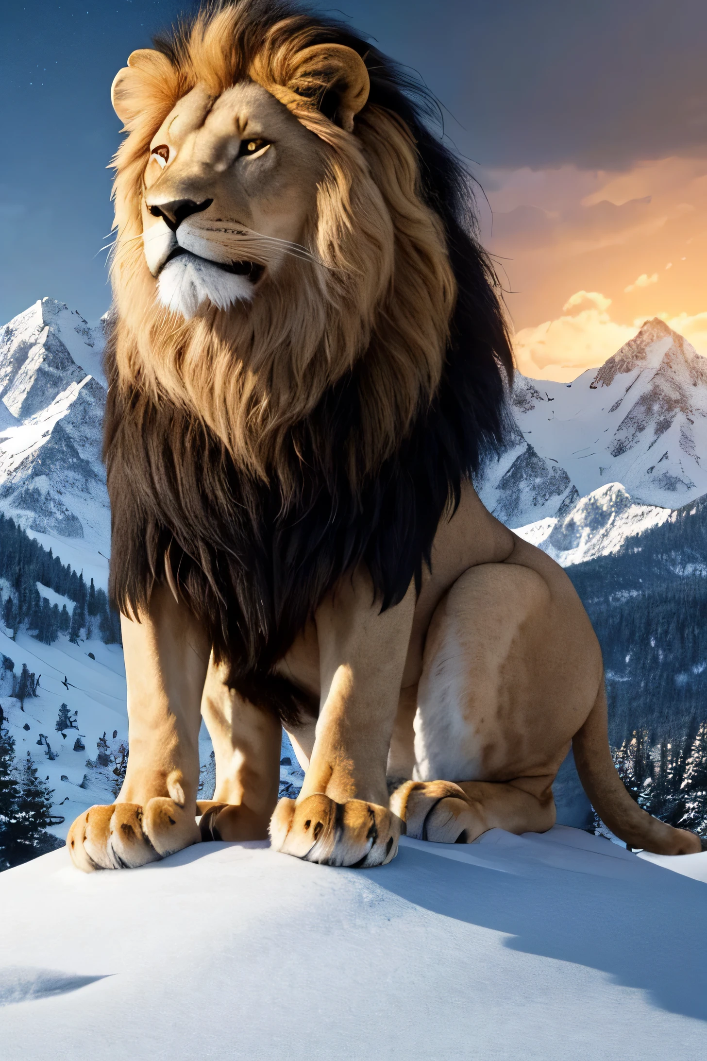 a wide shot of a strong lion with golden and black mane, standing on the top of hill. the mountains behind are snowy and sky is dark wit clouds, the lighting in the sky enlighten the hill  