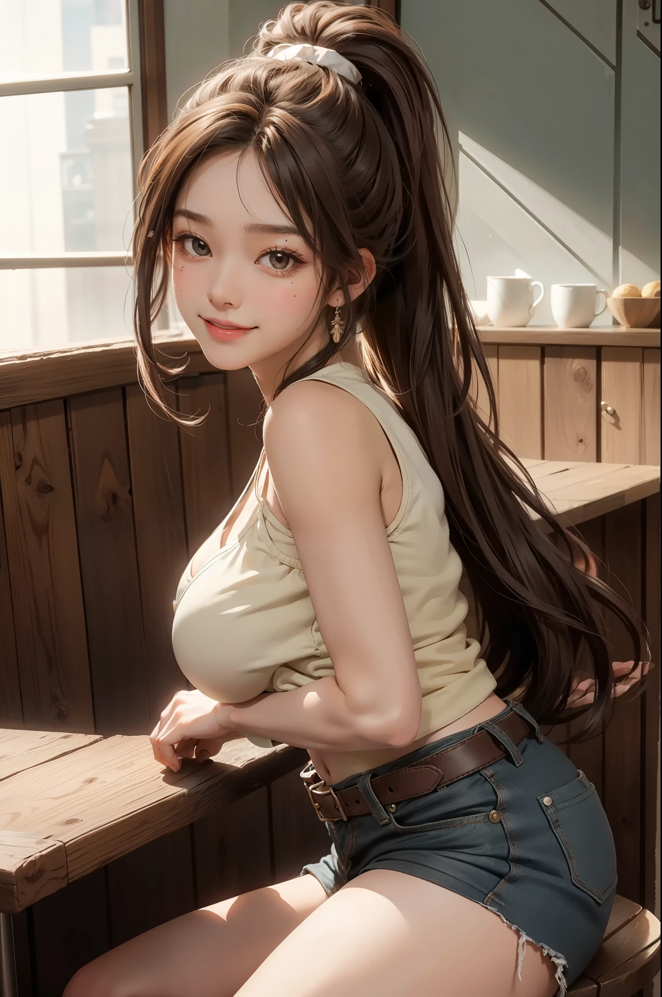 (best quality, actual), brown hair girl,fair skin and seductive brown eyes, wearing shorts、Adopt a curvaceous posture, in cafe, smiling, High ponytail and big breasts.