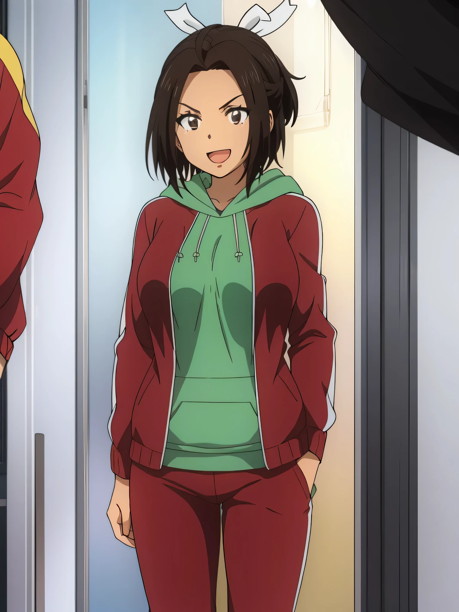 ((best quality)),((highly detailed)),masterpiece,absurdres,detailed ,Hikari, brown hair, open mouth, hood, brown eyes, jacket, hoodie, smile, indoors, dark skin, pants, breasts, dark-skinned female, hair ribbon, ribbon, solo focus, red pants, white ribbon, :d, v-shaped eyebrows, short hair, track pants, open clothes, large breasts, open jacket, ahoge, solo, track jacket, long sleeves, looking at viewer, hood down, standing, medium breasts, shirt, track suit, ponytail, red jacket