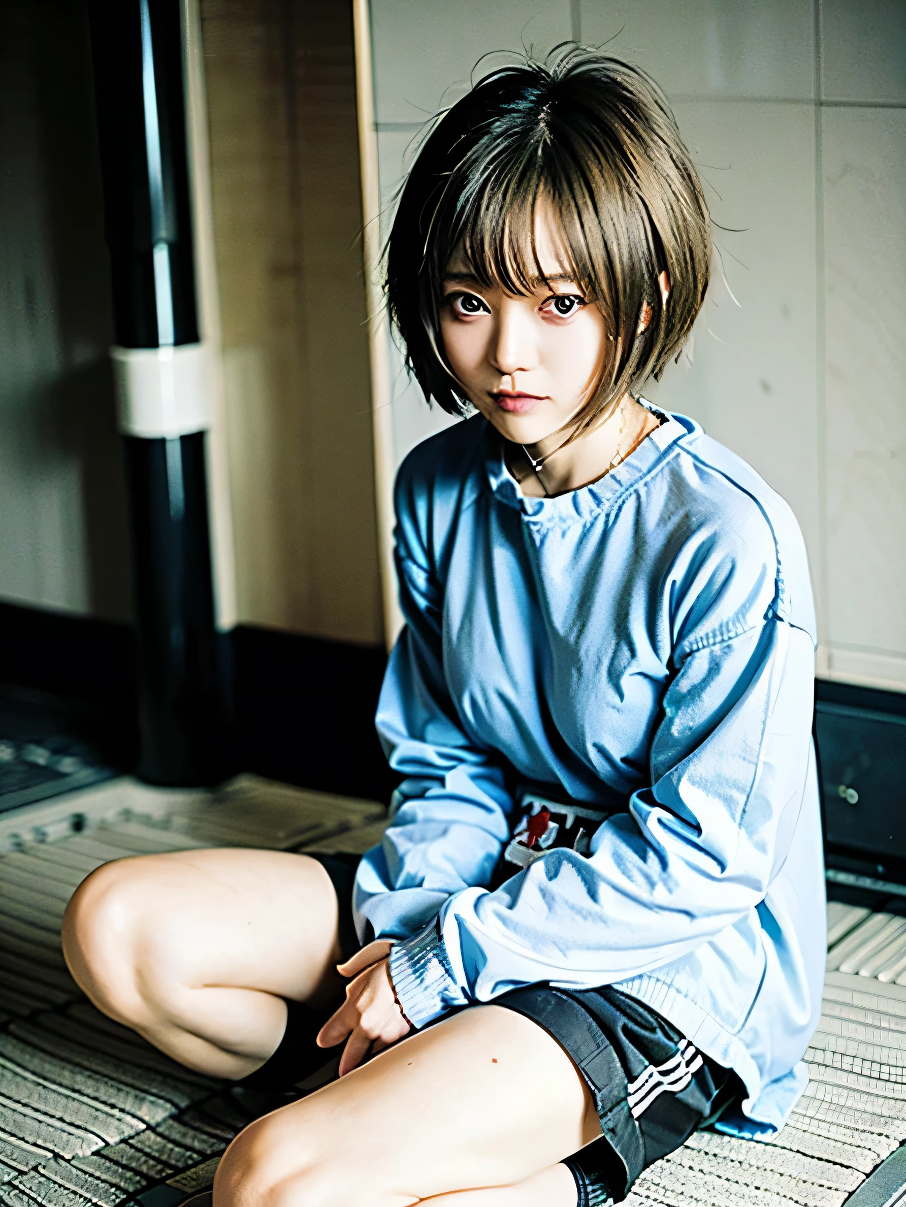 Shiina Sora  ，short hair，beauty，Handsome，detail，whole body，jacket，shorts，canvas shoes，HD，Good shape