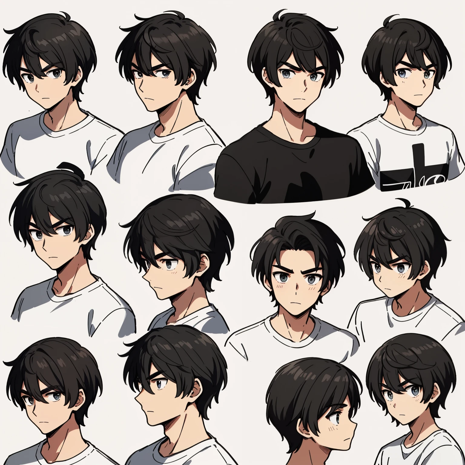 Draw a 9-frame image of a handsome adult male with black strokes。Comes in 9 poses and facial expressions.、express different emotions。He is wearing a white T-shirt、man with short hair。