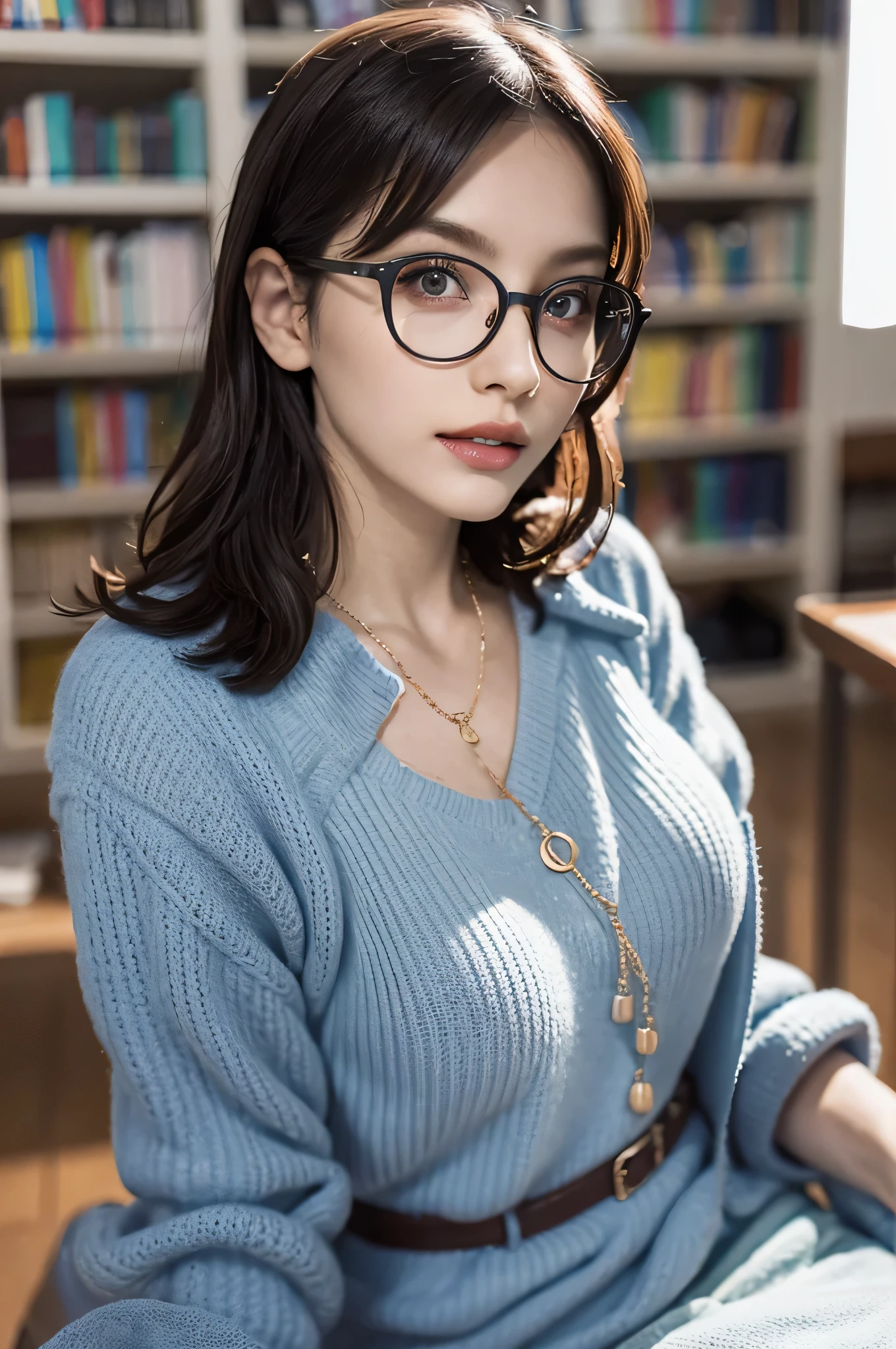 (((8K quality))),sexy librarian, reading a book at her desk, at the library, big breasts, cleavage, perfect hands perfect fingers perfect breasts perfect fit perfect body perfect face perfect image realism detailed background detailed costume micro bikini, unbuttoned shirt, lewd librarian, hyper realism, realistic, unreal engine, 3DCG, octane rendering, 8K highest resolution、very detailed, sweater dress, professional librarian, My breasts seem to be sticking out of my clothes