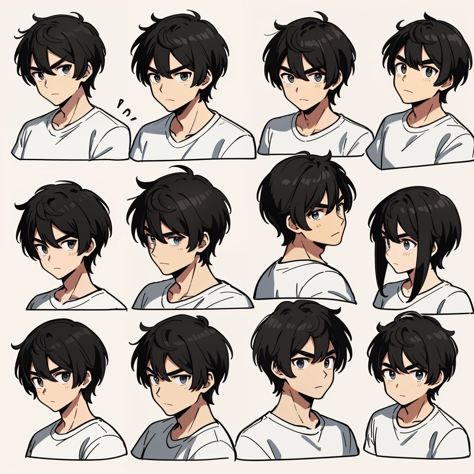 Draw a 9-frame image of a handsome adult male with black strokes。Comes in 9 poses and facial expressions.、express different emotions。He is wearing a white T-shirt、man with short hair,black hair，white highlights。