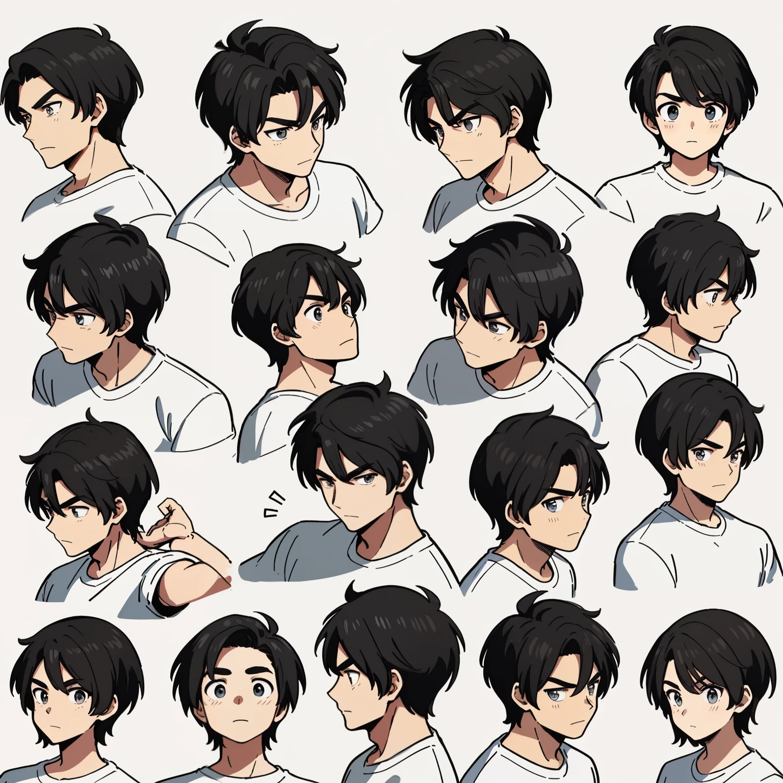 Draw a 9-frame image of a handsome adult male with black strokes。Comes in 9 poses and facial expressions.、express different emotions。He is wearing a white T-shirt、man with short hair,black hair,white highlights。
