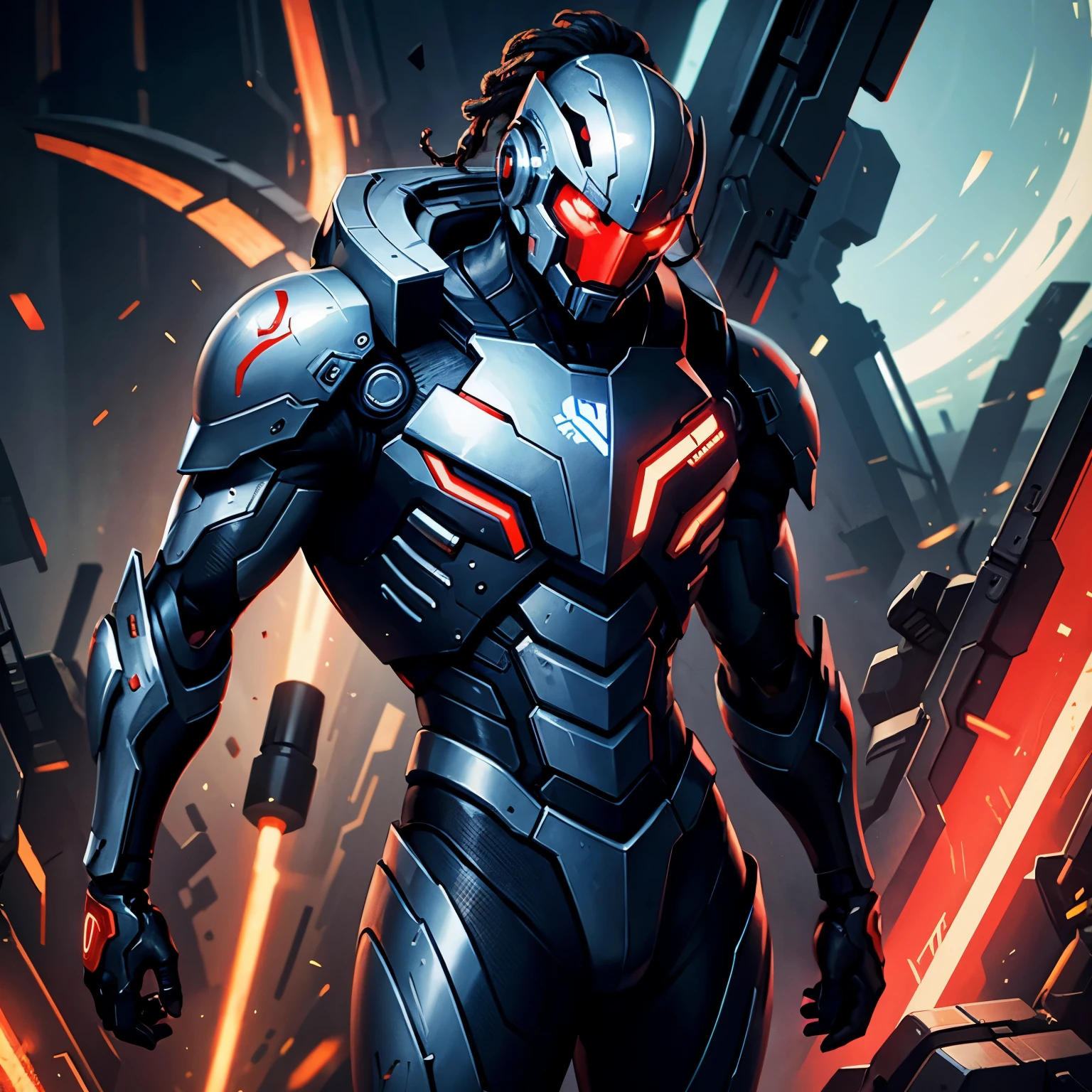 A black men cyborg, with datails red and white in the suits, vivid colors, hyper details in all the image, futurist and creative