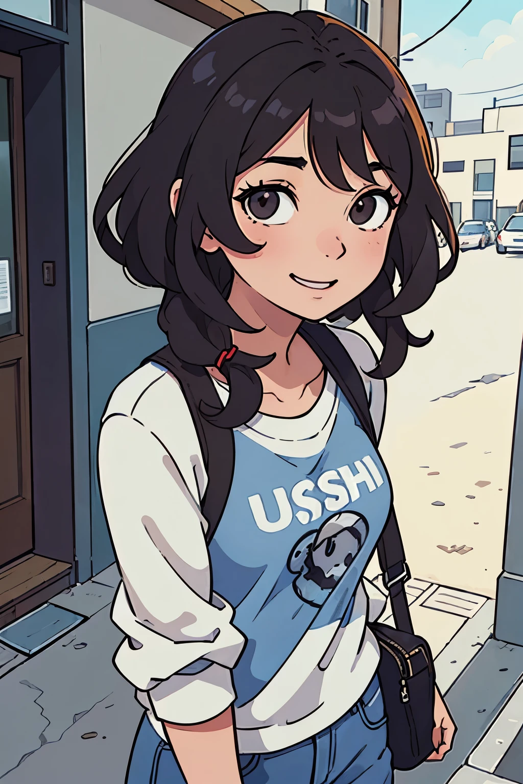 (Mejor calidad:0.8) perfect anime illustration, una bonita, happy woman with short curly brown hair on the city street, usando una sudadera con capucha, falda