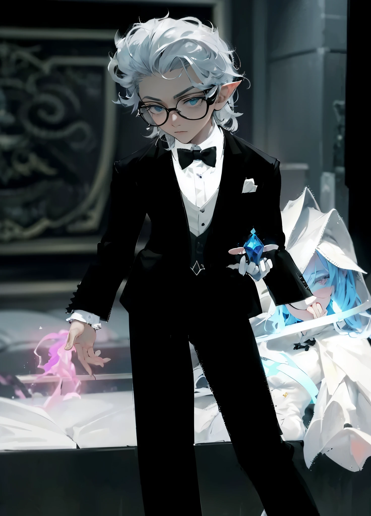 There is a cartoon of a man in a tuxedo and a woman in a dress, fantasy formal clothes, devil of a stylish dream, ((wearing a noble's robes)), Elves in suits, dressed like a priest, wearing a black aristocratic suit, Wearing flashy clothes, skinny male fantasy scientist, skinny male fantasy alchemist, Wearing a tuxedoいる, young shadow magician male, Wearing a tuxedo