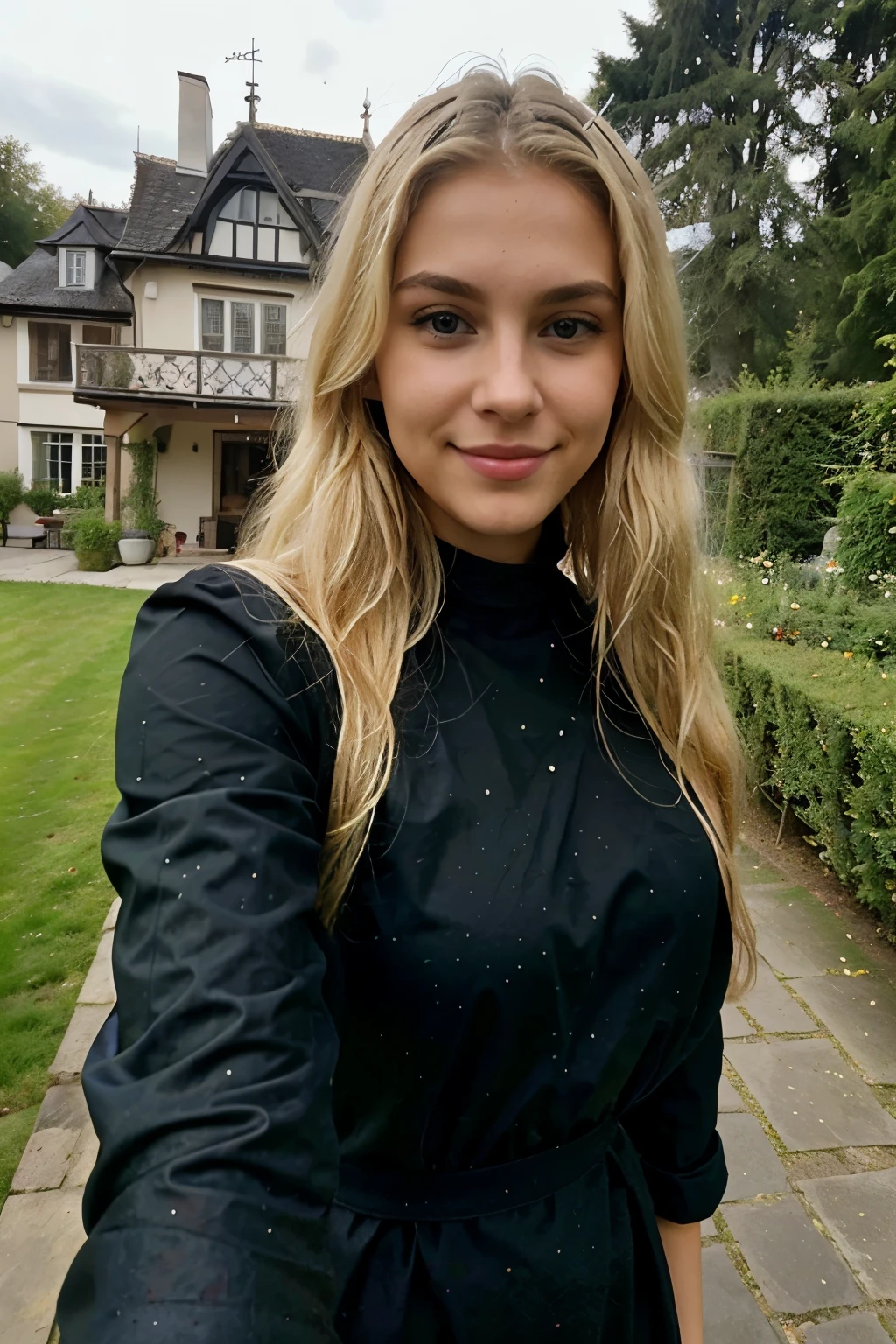 A 23 year old blonde woman, ((Big )), ((Hyperrealismus)) ,. blondes Haar mit hellbraunem Ansatz. blondes Haar, Haare mit braunen Wurzeln, extra langes Haar, sehr langes Haar, wirklich lange Haare, Nice, Vorderansicht, selfie, Foto mit iPhone aufgenommen, elegantes schwarzes Hemd mit Escote, tief geschnitten, selfie in the garden, good quality, selfie iPhone, Dekollete, smile