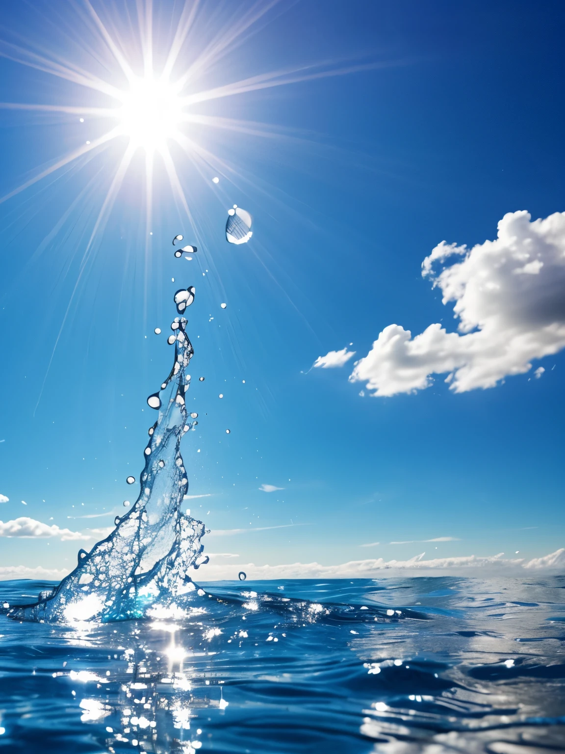 water with spalsh, background blue sky, sun light
