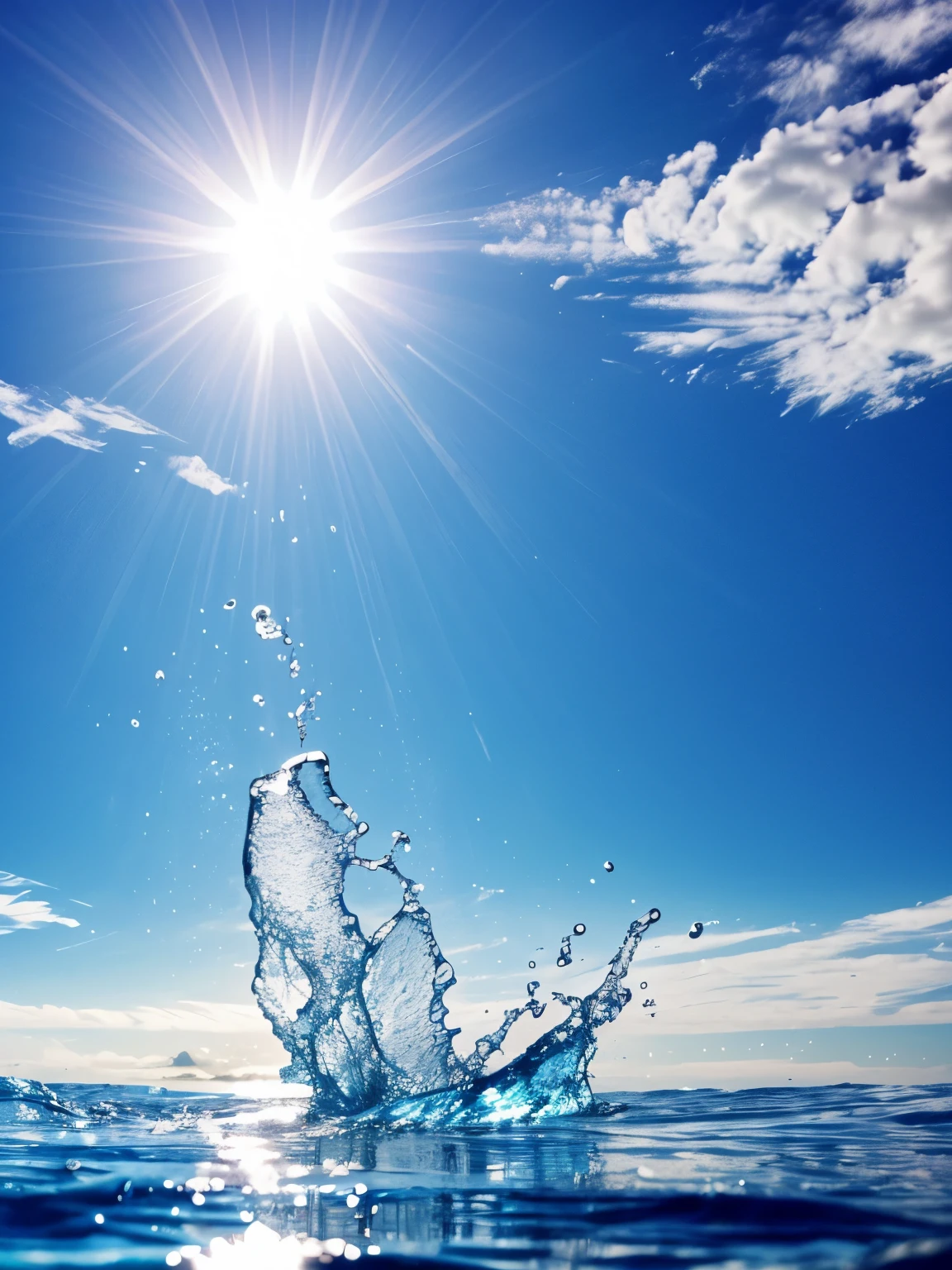 water with spalsh, background blue sky, sun light