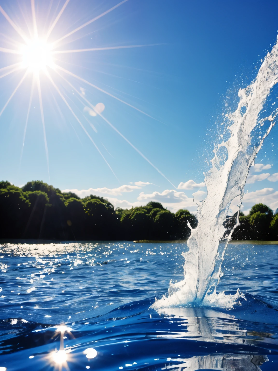 water with spalsh, background blue sky, sun light