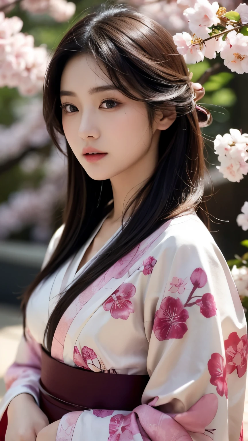 Beautiful Japanese supermodel woman, A lock of hair with slight highlights, black eyes, mixed media, Sexy,Sakura background,Gorgeous kimono , Liquid color flows across her face, Backlight