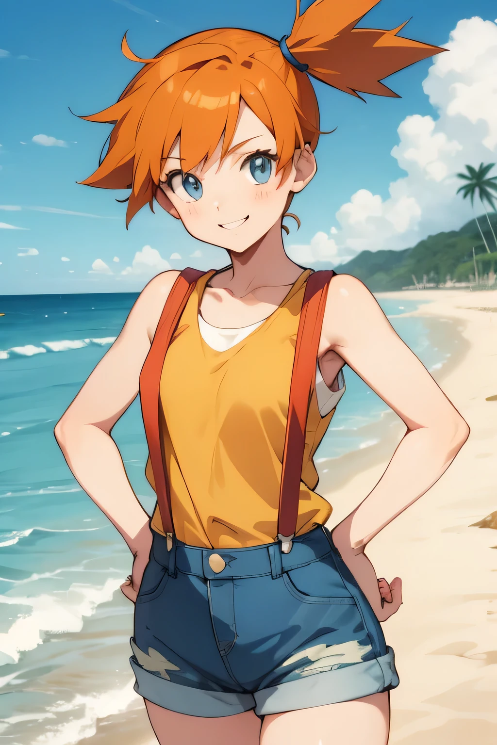 misty pokemon, short hair, orange hair, blue eyes, red suspenders, yellow shirt, denim cutoffs, orange hair, ponytail, smiling, standing, beach setting