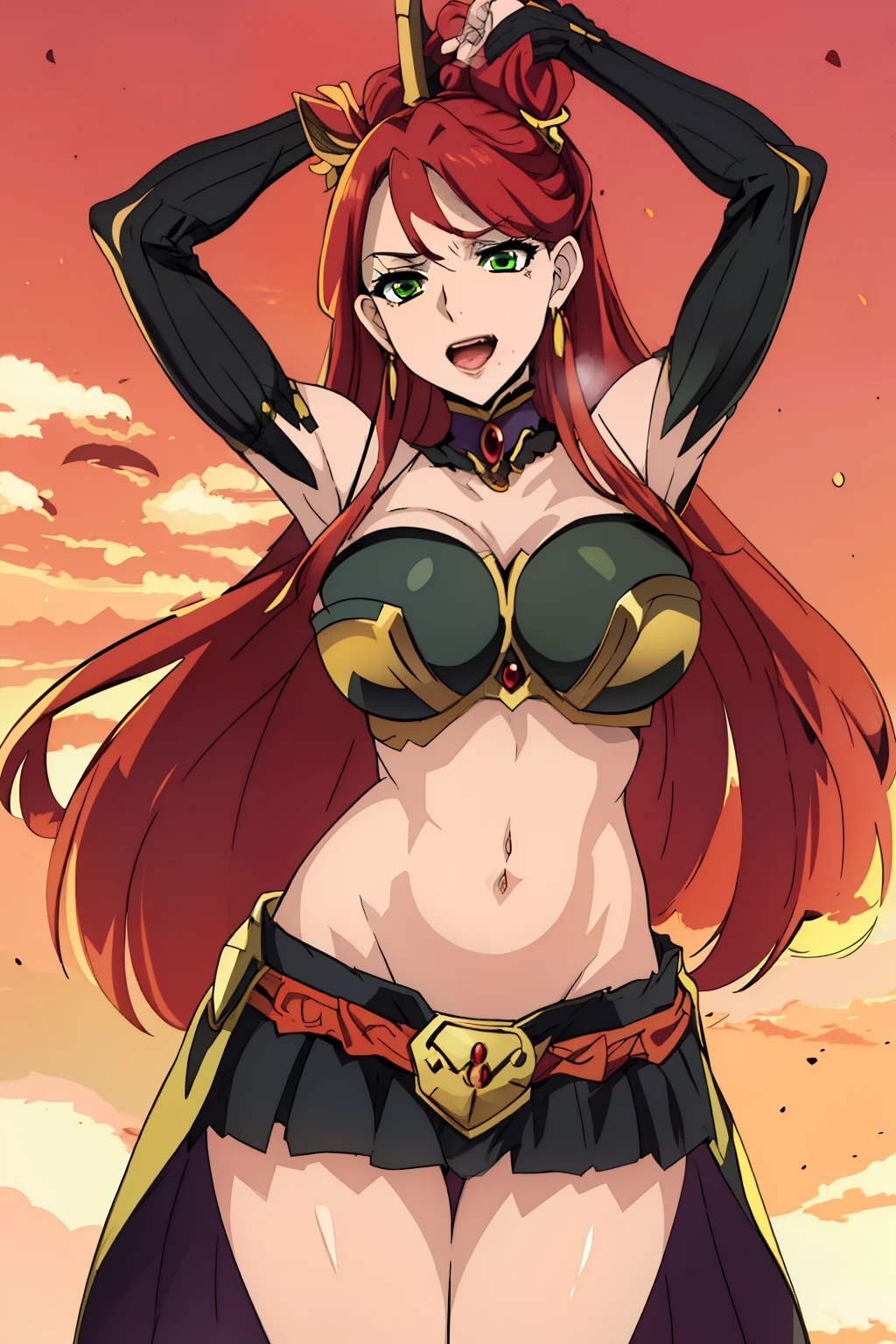 bitch medium breasts, red hair, beautiful face, green eyes,
, (nsfw) not safe for work,, evil expression, exposed belly, exposed navel, exposed midriff, exposed lower belly, 