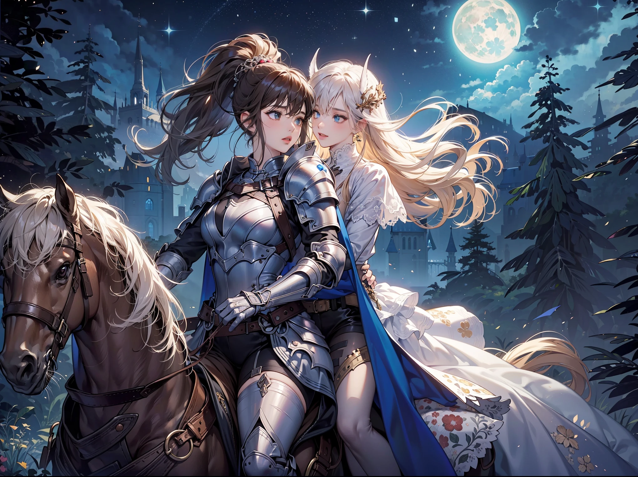 Oilpainting Two anime girls stablish visual contact, a knight girl and a maiden girl, brown horse blue dark environment, fog, masterpiece,  HD, 4K, night forest moon castle backgroun, 