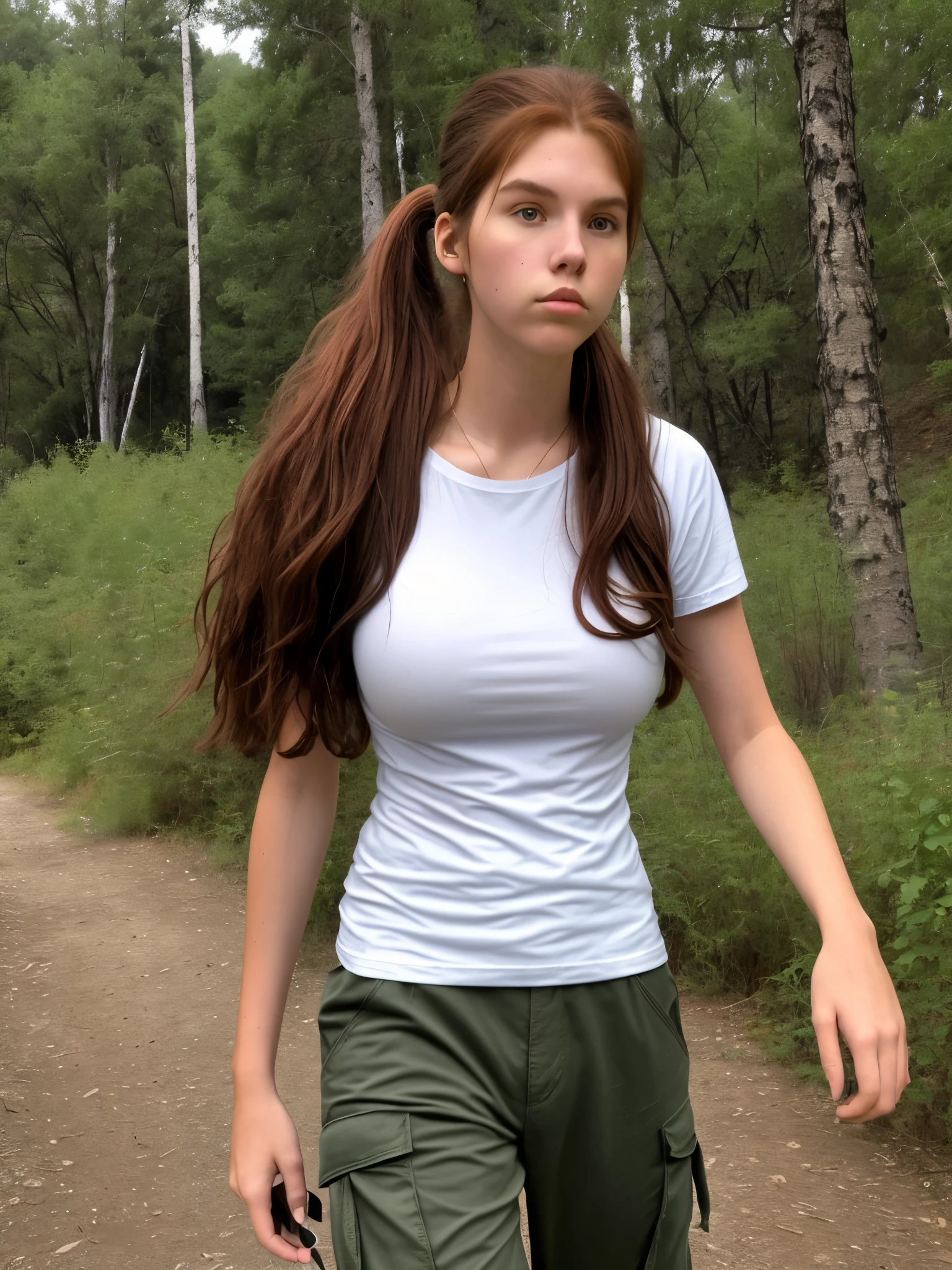 19-year-old tall lithe American woman, out-of-breath, thick wavy dark auburn hair, long low solo ponytail, plain blank scoop neck tee shirt, cargo pants, hiking boots, long hair, ((big giant enormous oversized massive huge colossal breasts)), back country hiking in the foothills, backpack, bandana, (tall), (long legs), cleavage