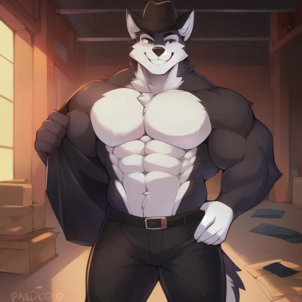 Husky, macho,calda, vestido terno preto, black pants, roupa mafioso,fedora preto,, grande, olhos azuis profundos,, cabelo branco, (((muscular))), biceps, Um pouco gordinho,peludo, Pelo branco, pequeno sorriso sedutor, abandoned warehouse bottom, por Inu-sama, ajudando o telespectador a se levantar, perto do telespectador, dando a pata