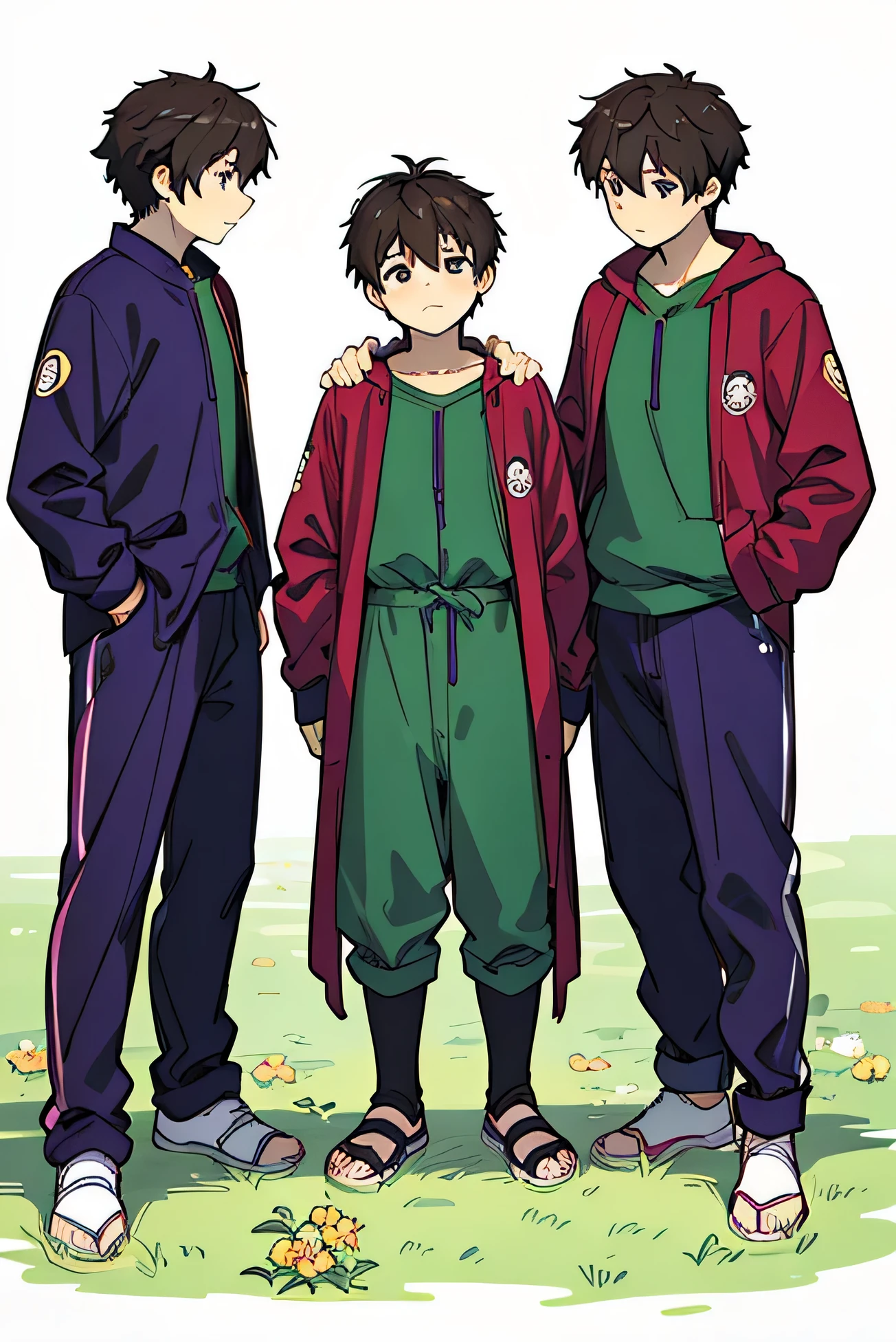 Illustration following the manga and anime style of three young people in their twenties who are in a green field, el pasto es corto, the bright sunny day, the view is at a high right side angle, ligeramente desde arriba, They are looking at a small pile of dirt on the ground where a small group of flowers has been planted on top.. The first person stands a little further to the left., They are the lowest of the three, They are crouched hugging their knees with their left hand touching one of the flowers. The person in the middle is a young man., He is taller and his body is a little more inclined towards the flowers, su cabeza esta inclinada, dejected as his shoulders sag with a metaphorical weight, Se ve triste. y la tercera persona, a girl a little shorter than him, is standing to the right of the man, colocando una mano en su hombro, She looks at him out of the corner of her eye with compassion..