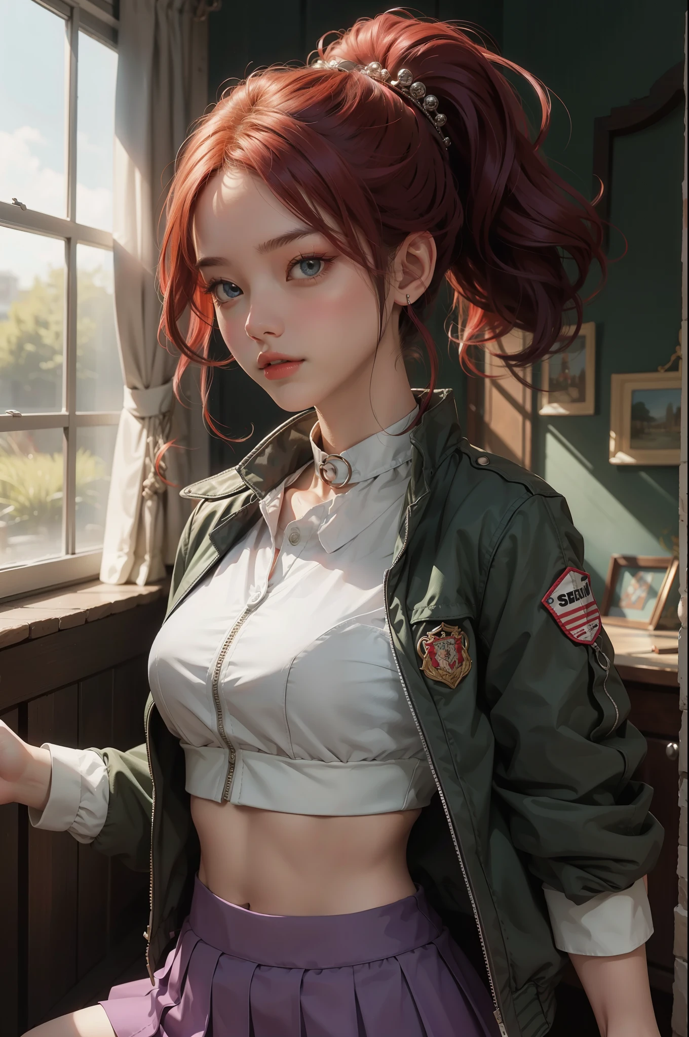 thick outline, comics, lifelike, perfect hands, masterpiece:1.2, manor, house, 1 girl, alone, dynamic poses, frankie foster, Red hair, skirt, shirt, hair accessories, jacket, white shirt, ponytail, collar, hairpin, diaphragm, crop top, black collar, purple skirt, green jacket, cropped shirt, Medium chest, Detailed background, Detailed face, delicate eyes, 