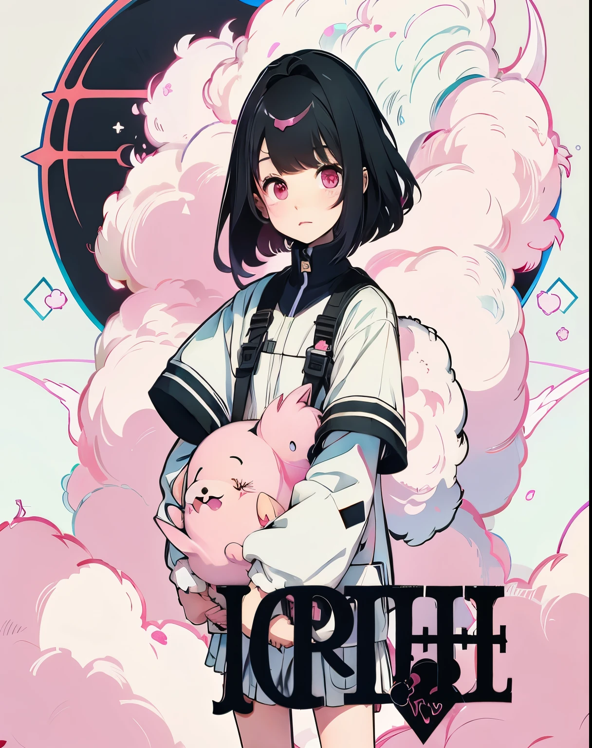 Anime girl holding a pig in her arms against a background of pink clouds, top rated on pixiv, official fan art, e girl, e-girl, pixiv, pixiv style, praise artstyle, black, popular on pixiv, pixiv contest winner, official artwork, rorish, epic anime style, praise, by EiQ