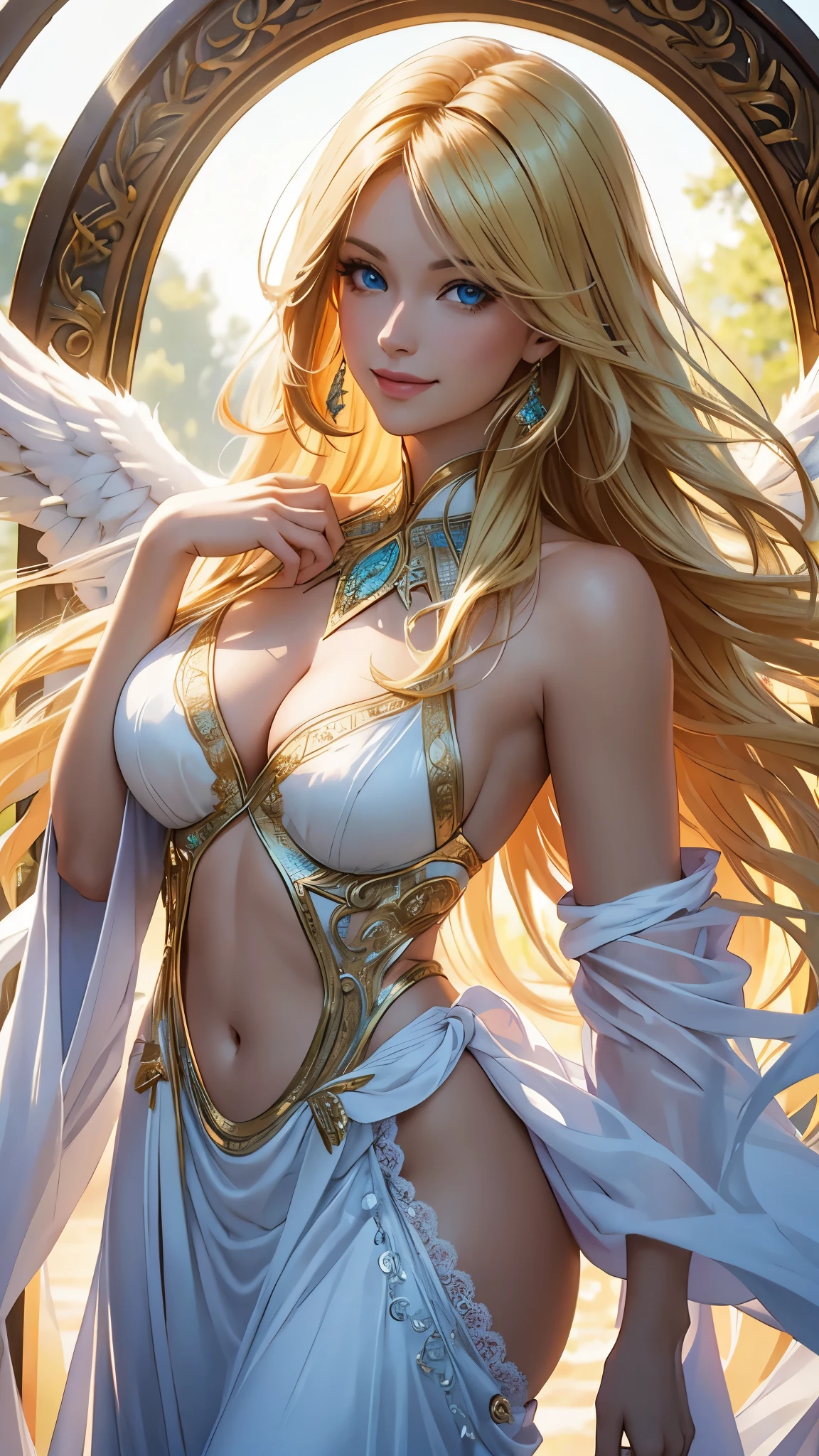 (best quality,ultra-detailed,photo-realistic:1.37),bright and vibrant colors,studio lighting,playful expression,stylish makeup,long blonde hair flowing in the wind,alluring eyes,glossy lips,sexy pose, Archangel, gate of heaven, smiling in a confident and seductive way,posing for a professional photoshoot,shallow depth of field,highlighting the main subject,soft natural lighting,creating a dreamy and magical atmosphere.